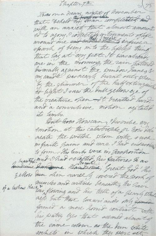 Mary Shelley's handwritten draft of "Frankenstein," illustrating the genesis of a text widely considered the pioneering work of science fiction.