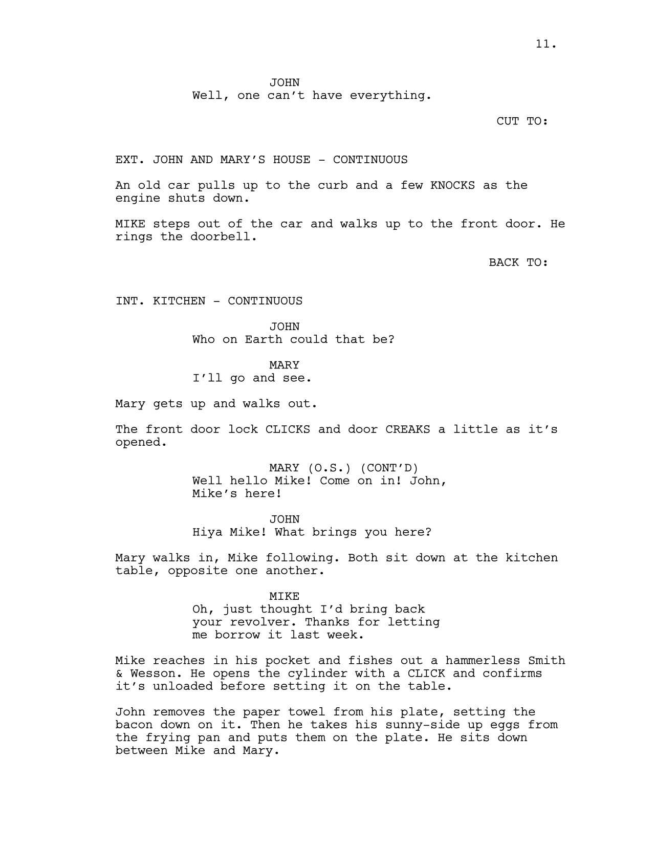 A standard screenplay highlights the unique structural features of dramatic literature, strictly organizing the text into scene headings, stage directions, character names, and dialogue to provide clear instructions for a live performance.
