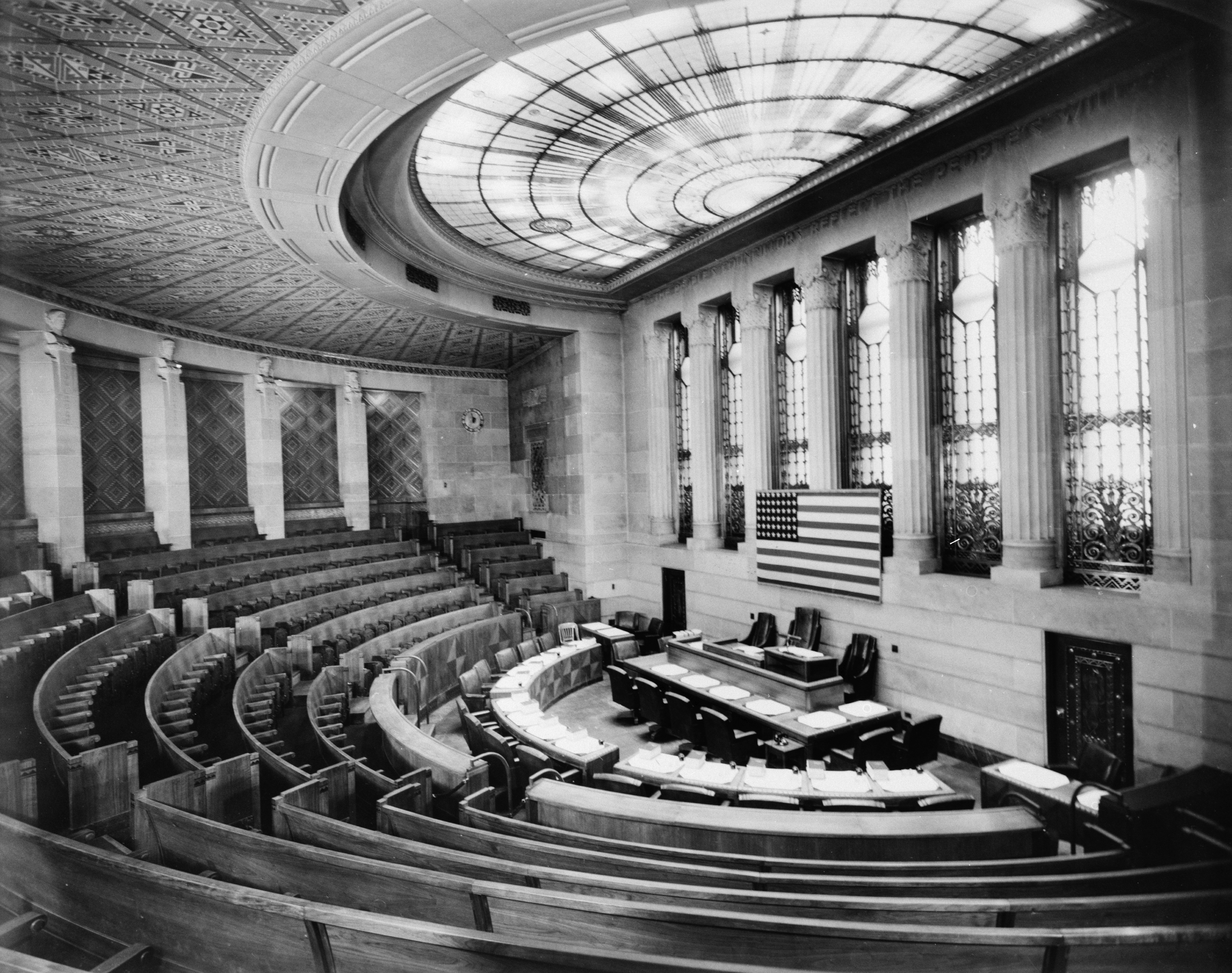 The Common Council Chamber in Buffalo City Hall. In the "Big Five" dependent districts, public school funding is not levied independently but is instead debated and integrated into the general municipal property tax by city councils like this one.