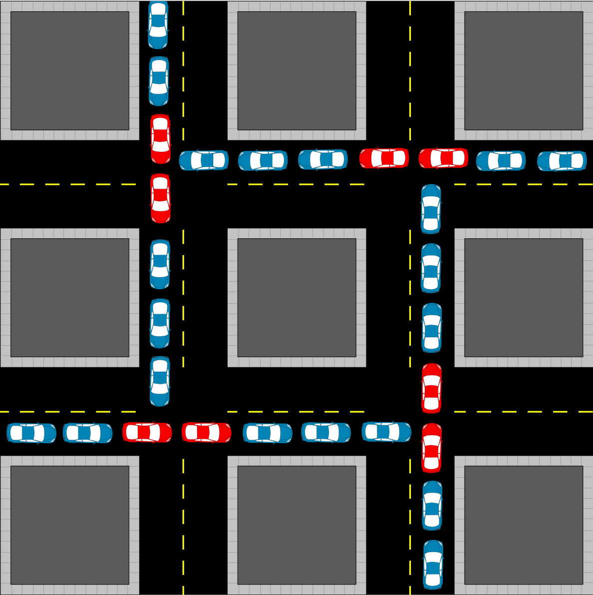 A diagram illustrating traffic gridlock, a physical metaphor for the catastrophic congestion and routing failures that occur when enterprise network devices are mismanaged.