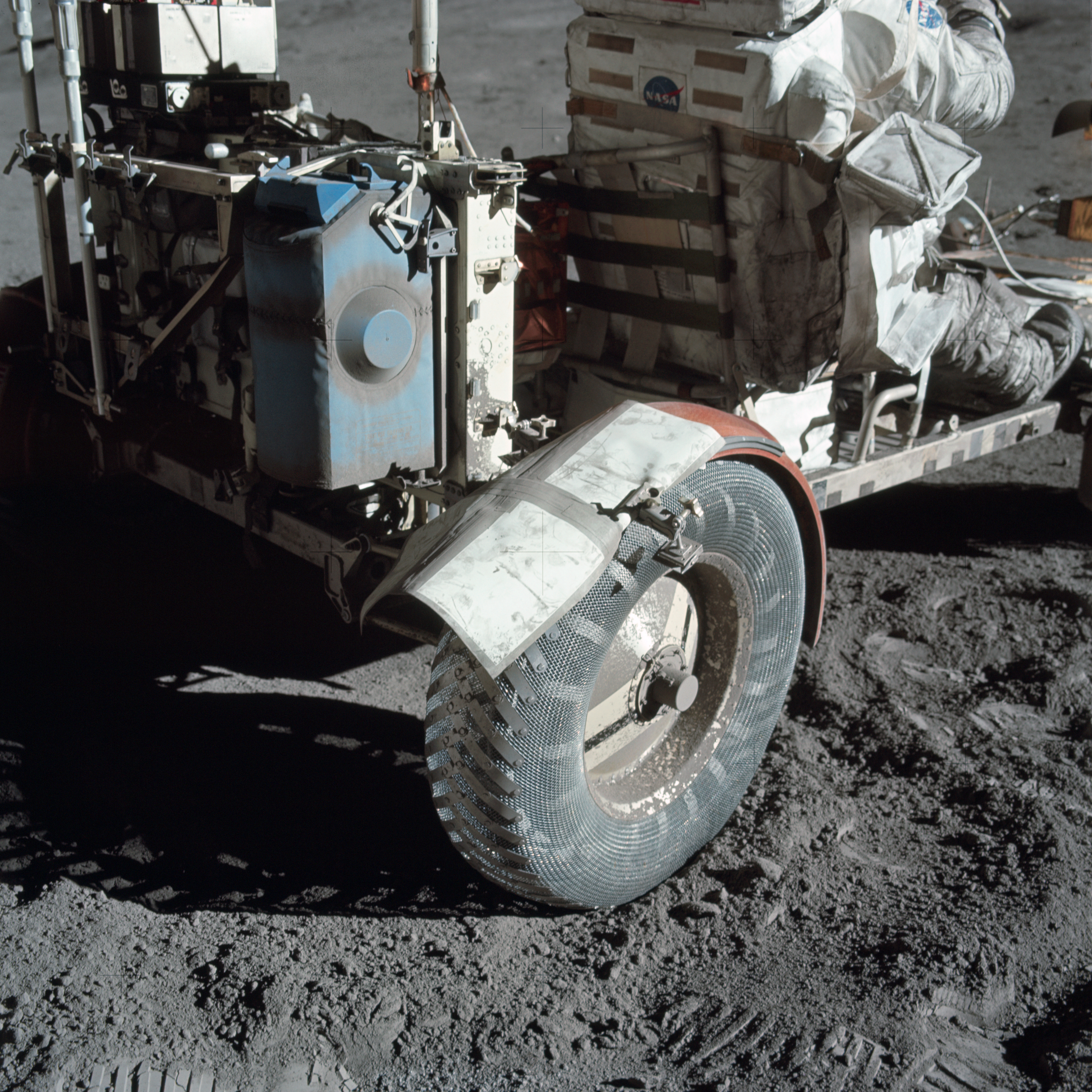 An improvised lunar rover fender extension made using duct tape during the Apollo 17 mission—a classic example of an unplanned workaround deployed in response to an unexpected negative project event.