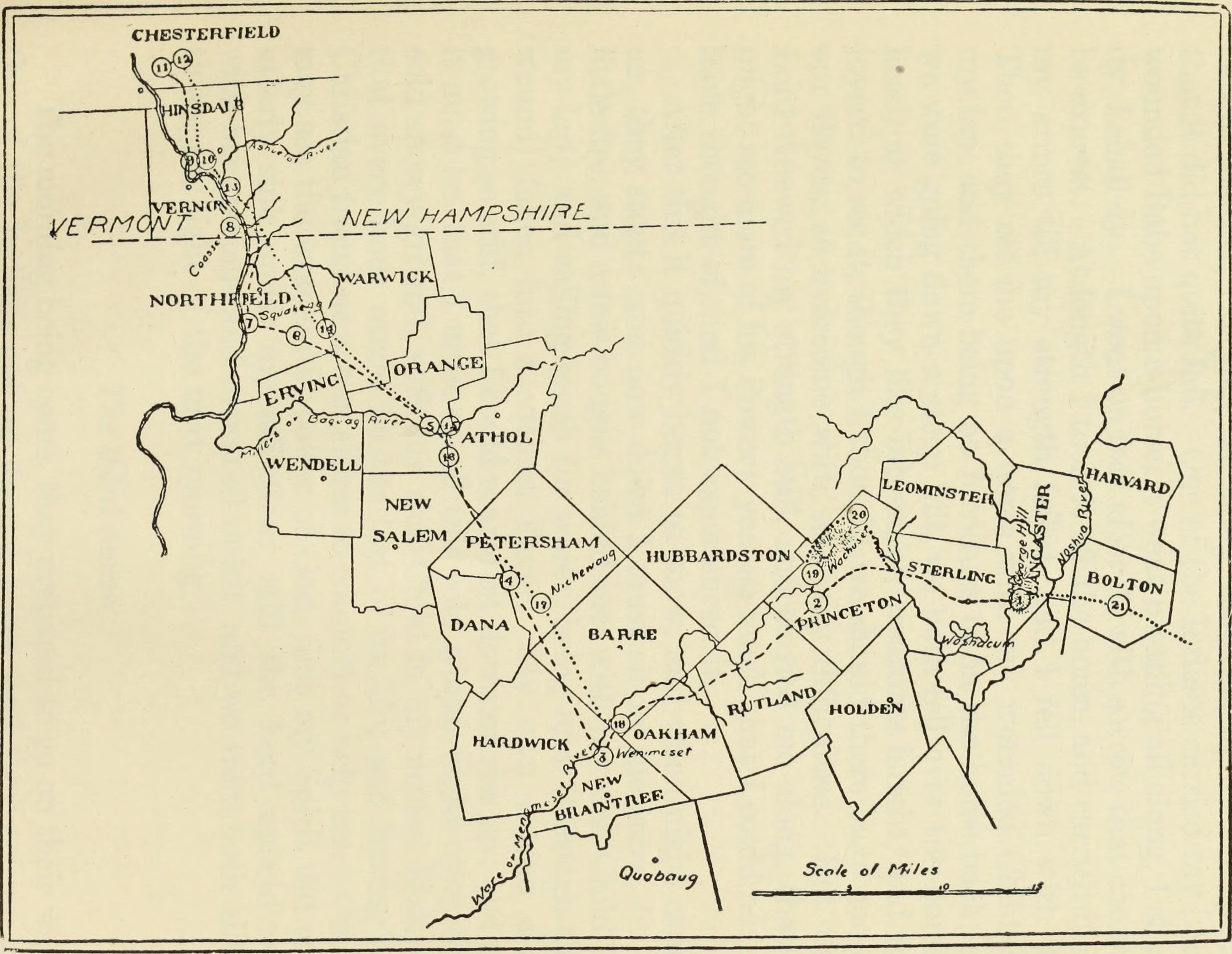 A map illustrating Mary Rowlandson's forced movements during King Philip's War, providing geographical context for her seminal captivity narrative.