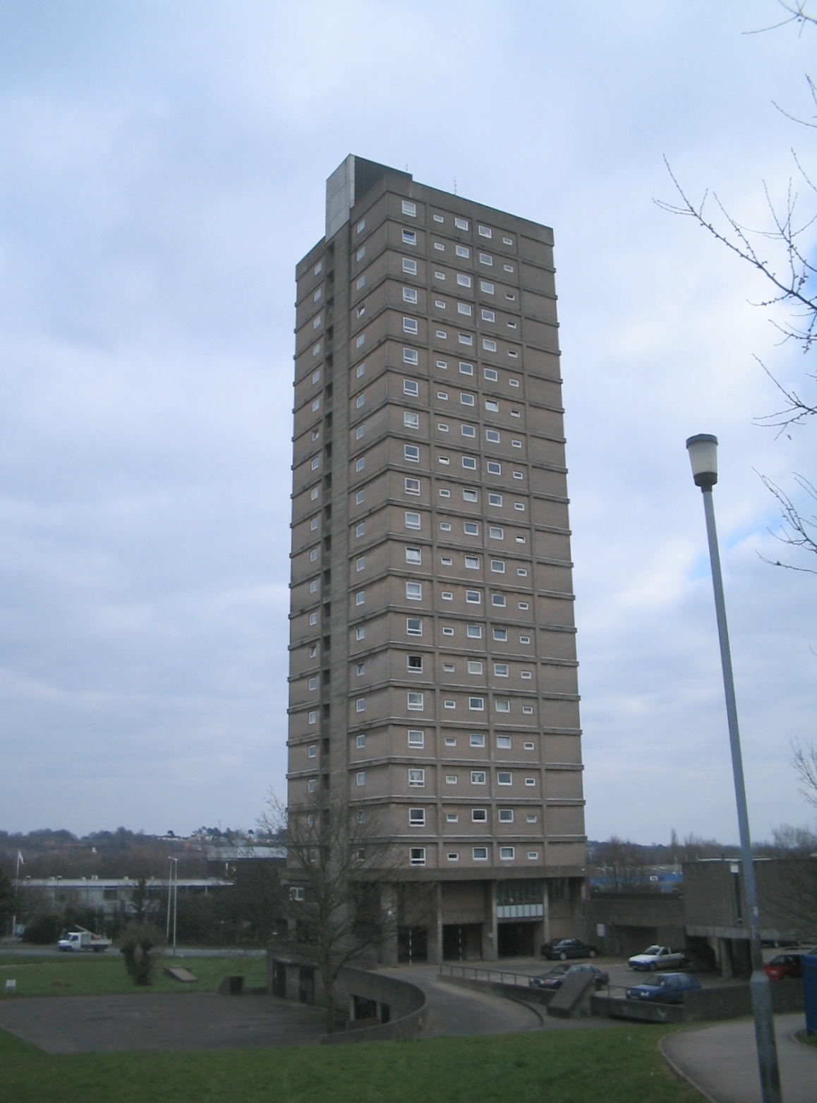 A local-authority tower block in Cwmbran, South Wales — the kind of council-run social housing tenancy at stake when a local authority moves to evict a tenant without a hearing.