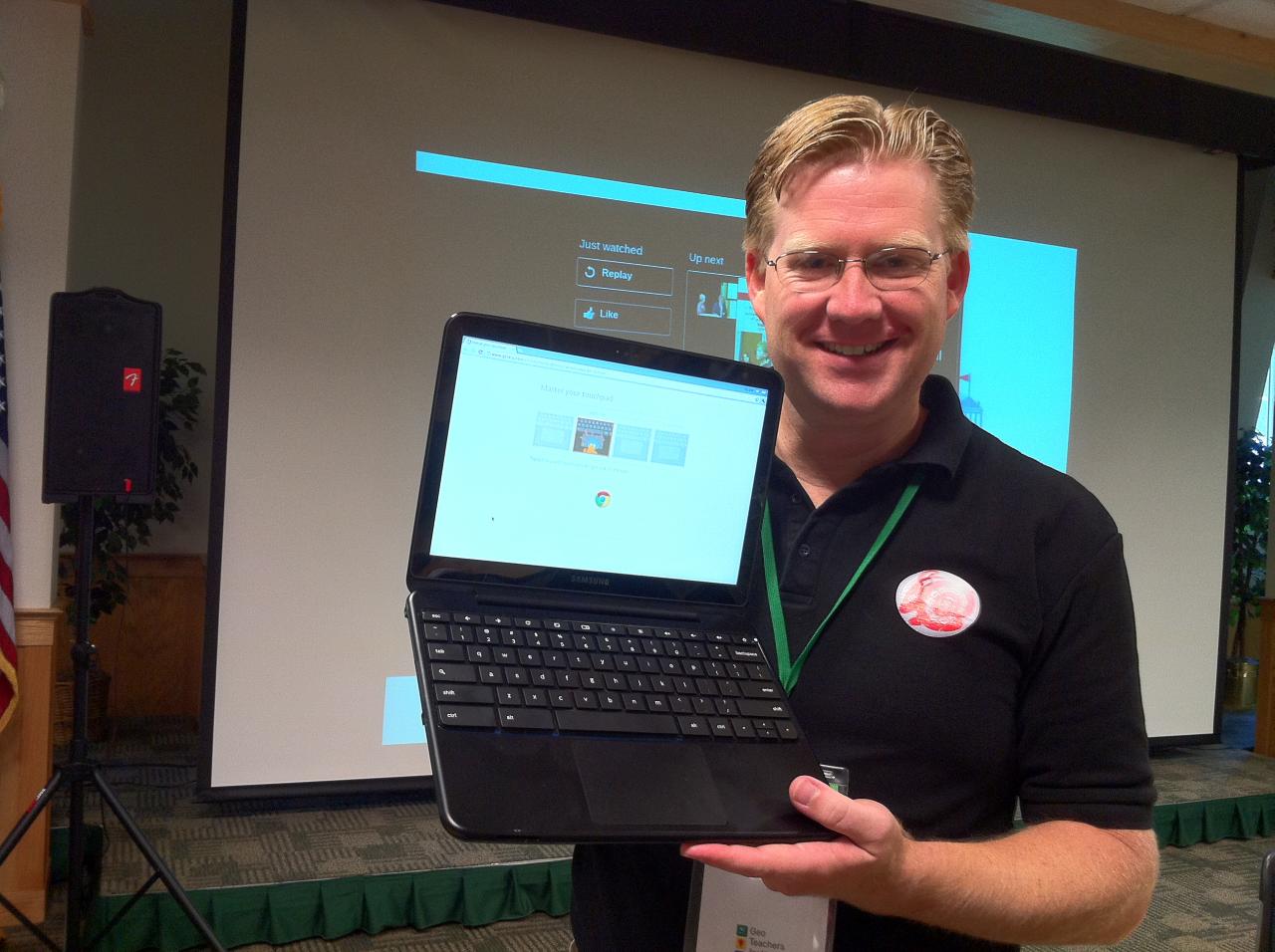 A Chromebook utilizing Chrome OS, an operating system that relies on lightweight hardware, web-based software, and continuous cloud synchronization rather than localized data storage.