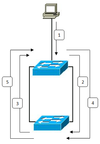 A broadcast storm occurs when a physical switching loop allows broadcast frames to circulate endlessly. The frames radiate and multiply with each network hop until the switches' processing capacity is completely overwhelmed.