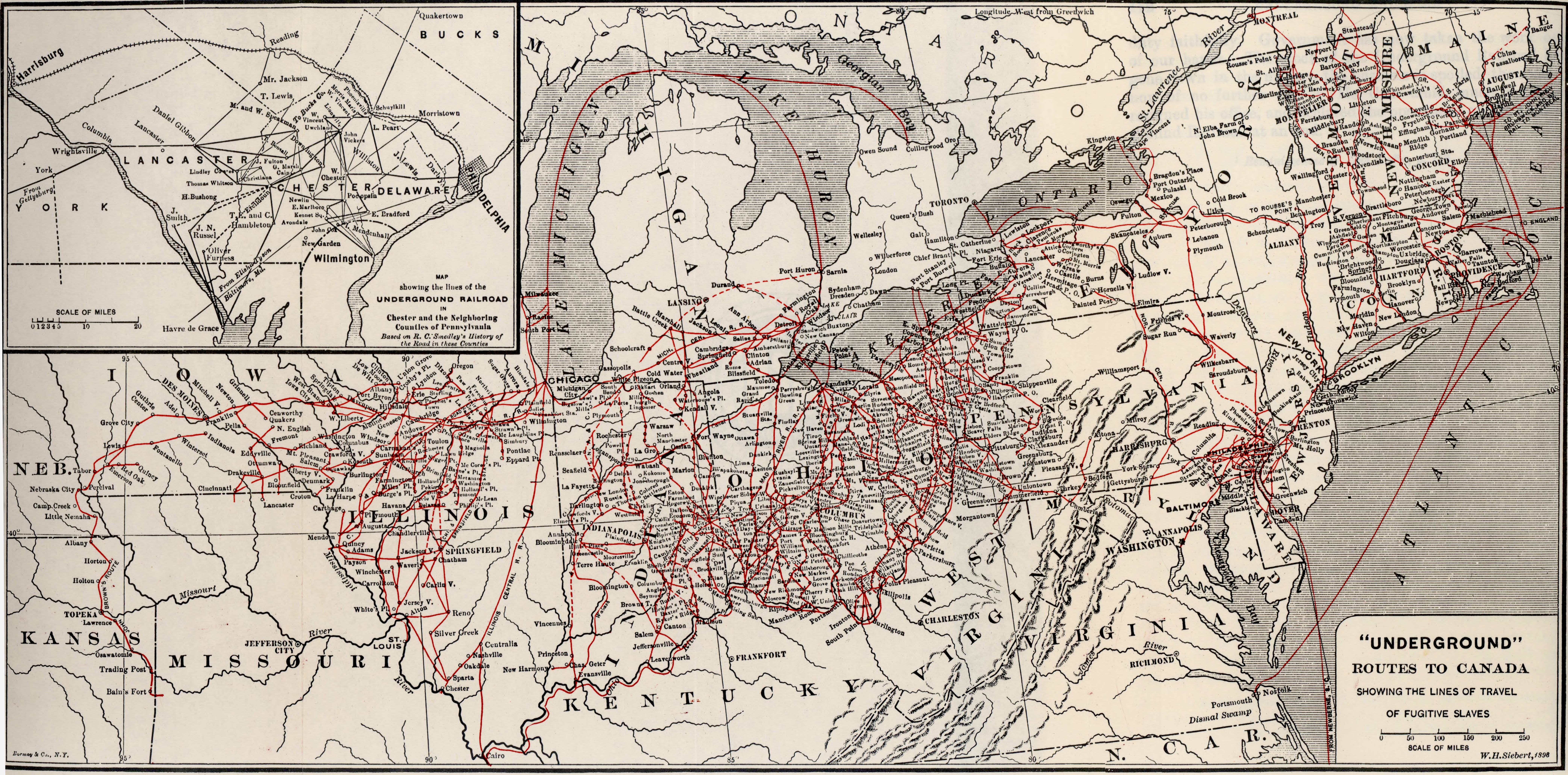 An 1898 map detailing the known routes of the Underground Railroad, illustrating the vast geographic network of safe houses and routes leading to free states and Canada.