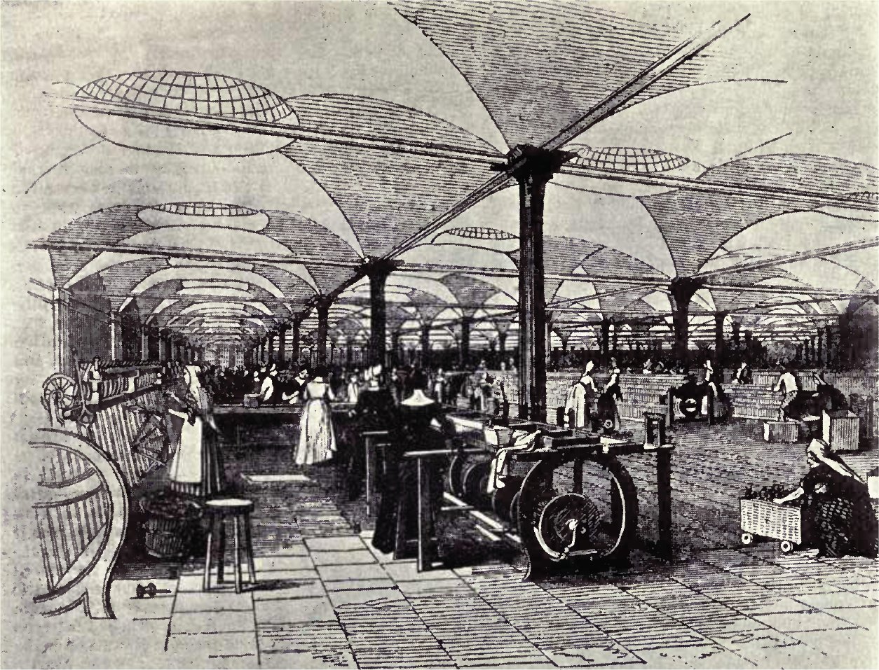 The interior of a British textile mill around 1800, illustrating the shift to the factory system and the grueling conditions that sparked the emergence of the industrial working class.