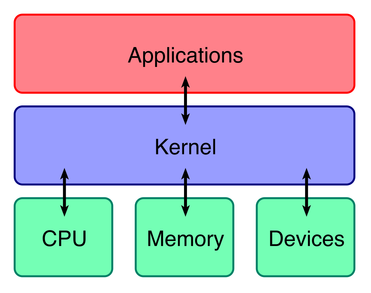 A layout demonstrating how an operating system kernel functions as the bridge between application software and physical hardware components like the CPU and memory.