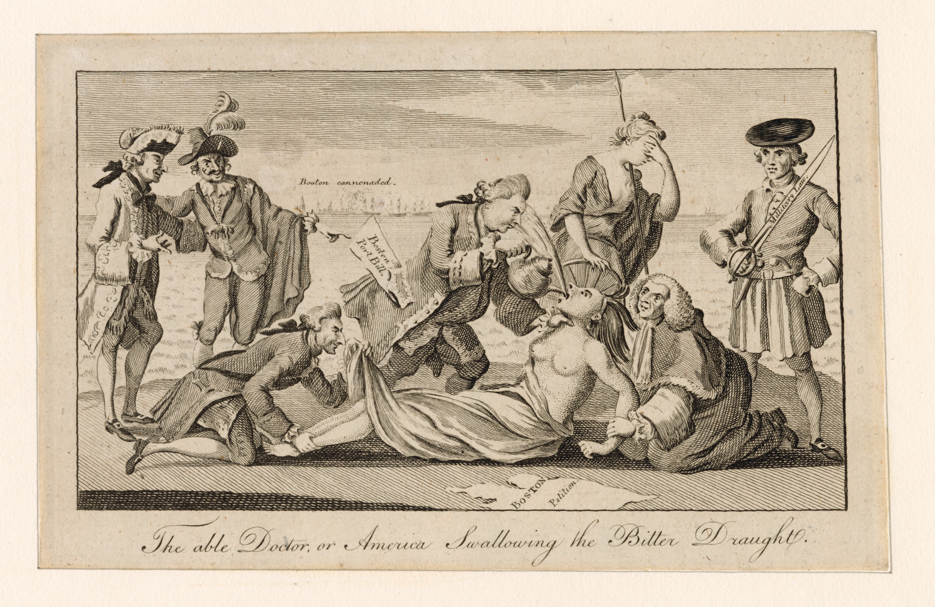 A colonial political cartoon depicting British ministers forcing the "bitter draught" of the Coercive Acts down the throat of America (represented as a Native American woman).