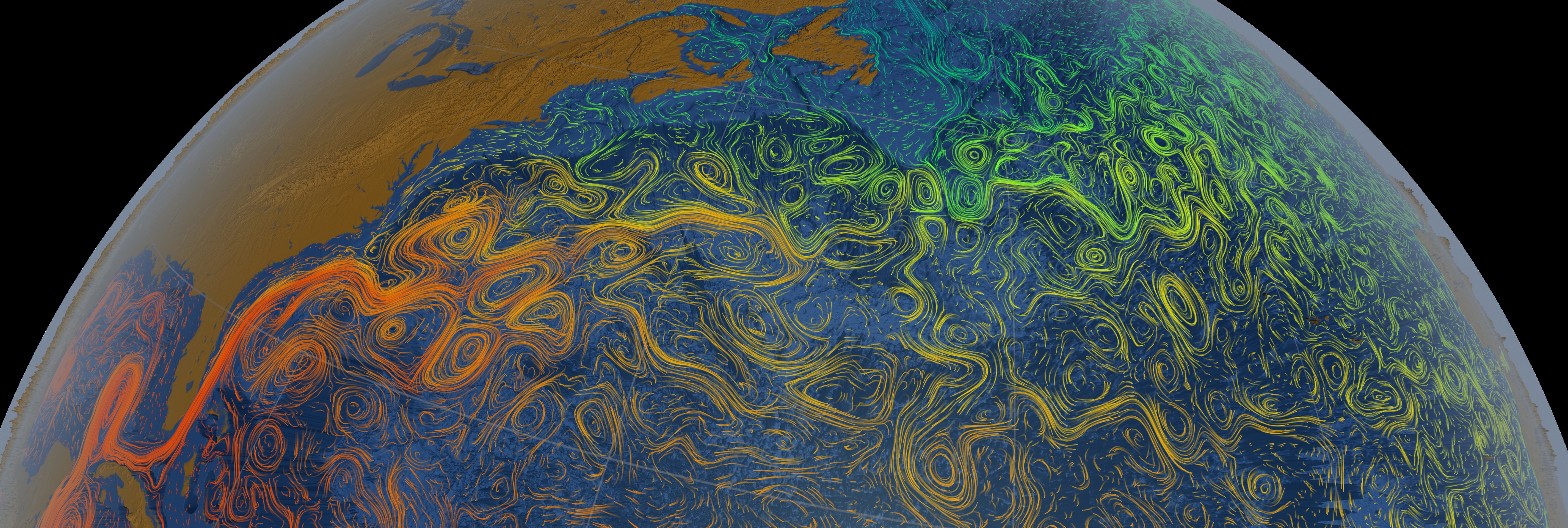 Thermal satellite imagery reveals the Gulf Stream carrying warm ocean water (red and orange) across the North Atlantic, a geographic phenomenon that keeps Western Europe significantly warmer than other global regions at the exact same latitude.