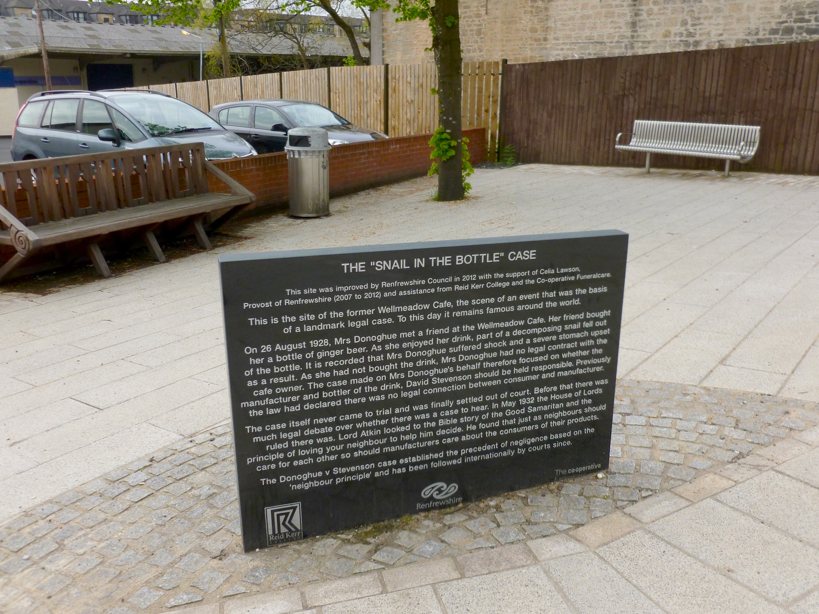 A memorial on the former site of the Wellmeadow Café, scene of the alleged snail-in-the-bottle incident that produced Donoghue v Stevenson — the case whose duty-of-care framework underpins gross negligence manslaughter.
