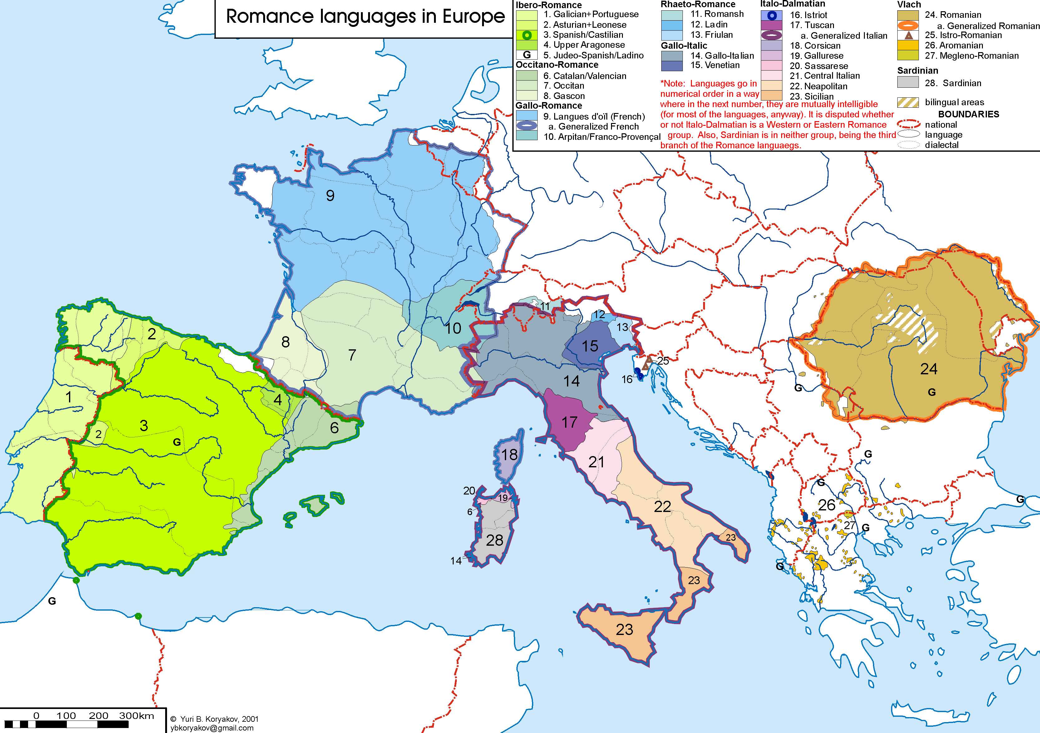A map showing the modern distribution of Romance languages in Europe, all of which descended directly from the Latin language spread during the Roman Empire.