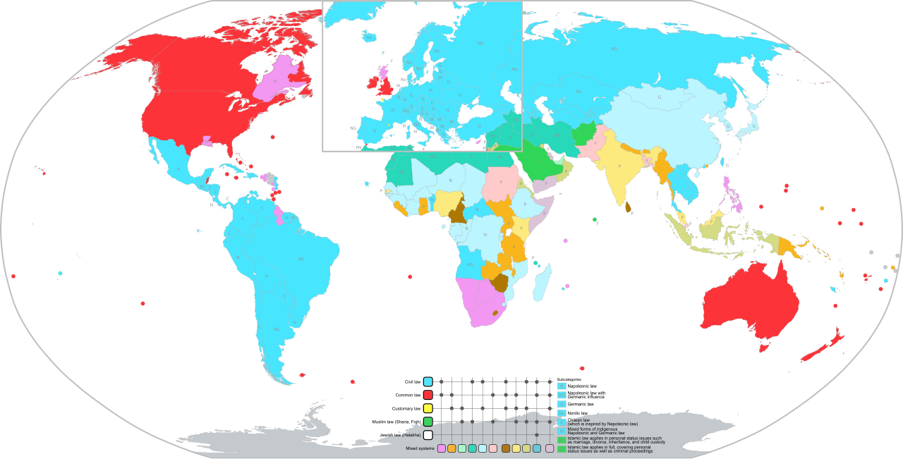 World map of legal systems: civil law jurisdictions (blue) contrast with the English common law tradition, which alone insists on consideration rather than a bare promise.