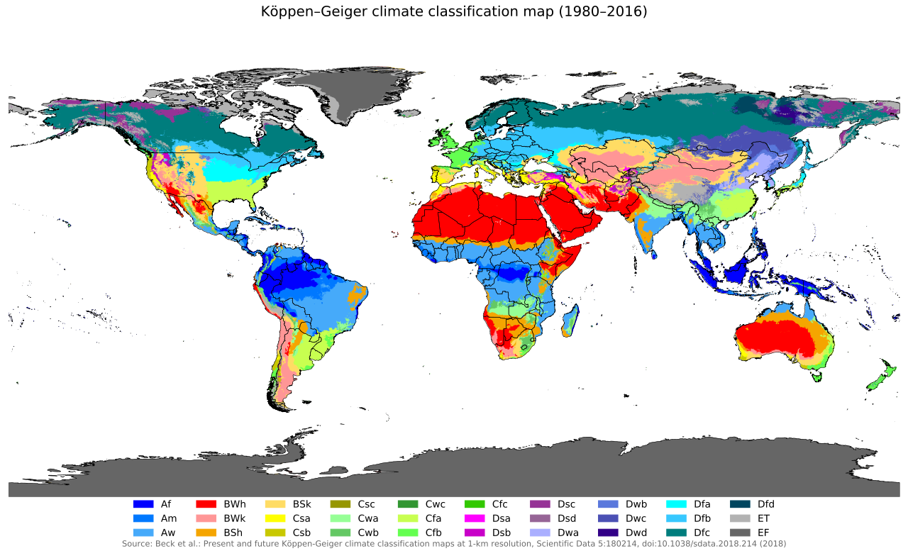 The Köppen climate classification system maps global climate zones based on long-term temperature and precipitation averages, providing geographers with a standardized, objective way to define regional environments.