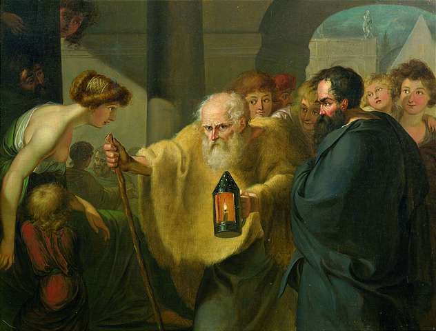 Diogenes searching for an honest man, a classical emblem of the honesty the SRA Principles demand — the narrow, factual duty not to lie or deceive, distinct from the broader standard of integrity.