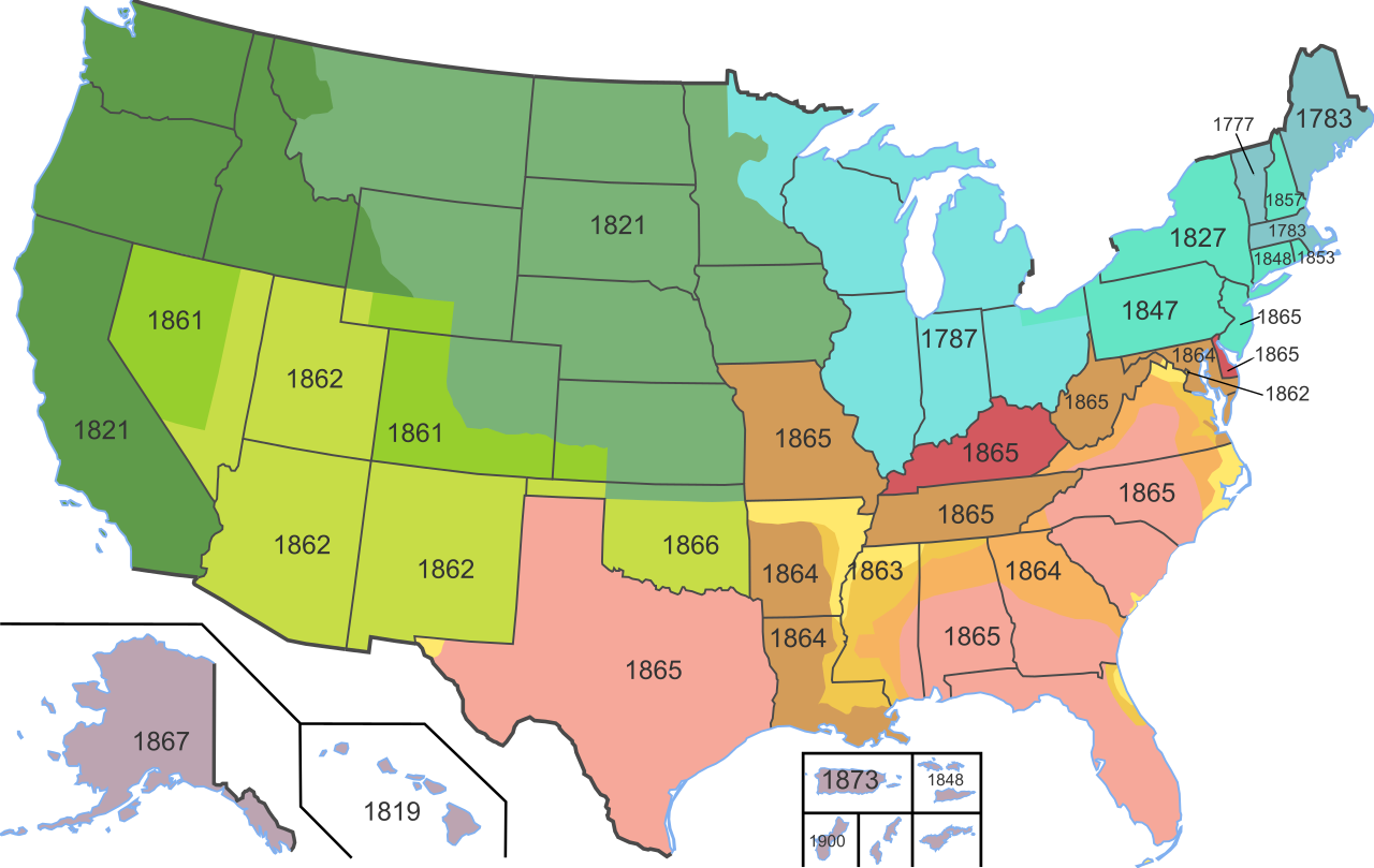 A chronological map showing the abolition of slavery across the United States, culminating in the ratification of the 13th Amendment in December 1865.