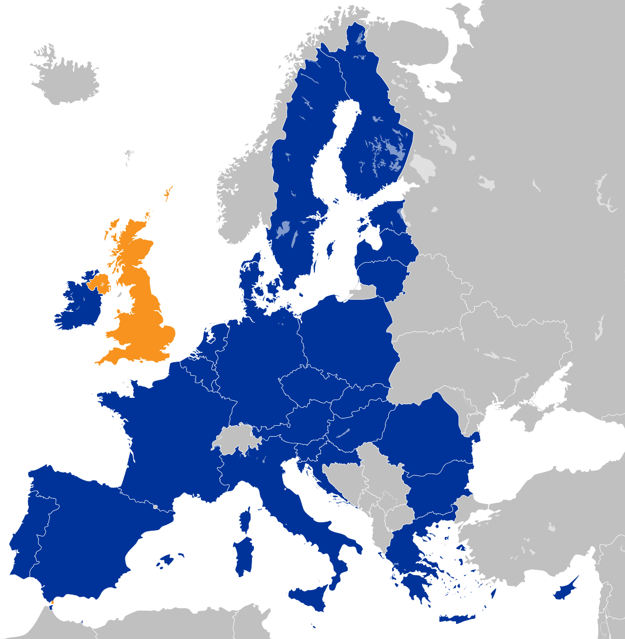 The United Kingdom (orange) outside the European Union (blue) — the end state of the retreat from EU law this section traces.