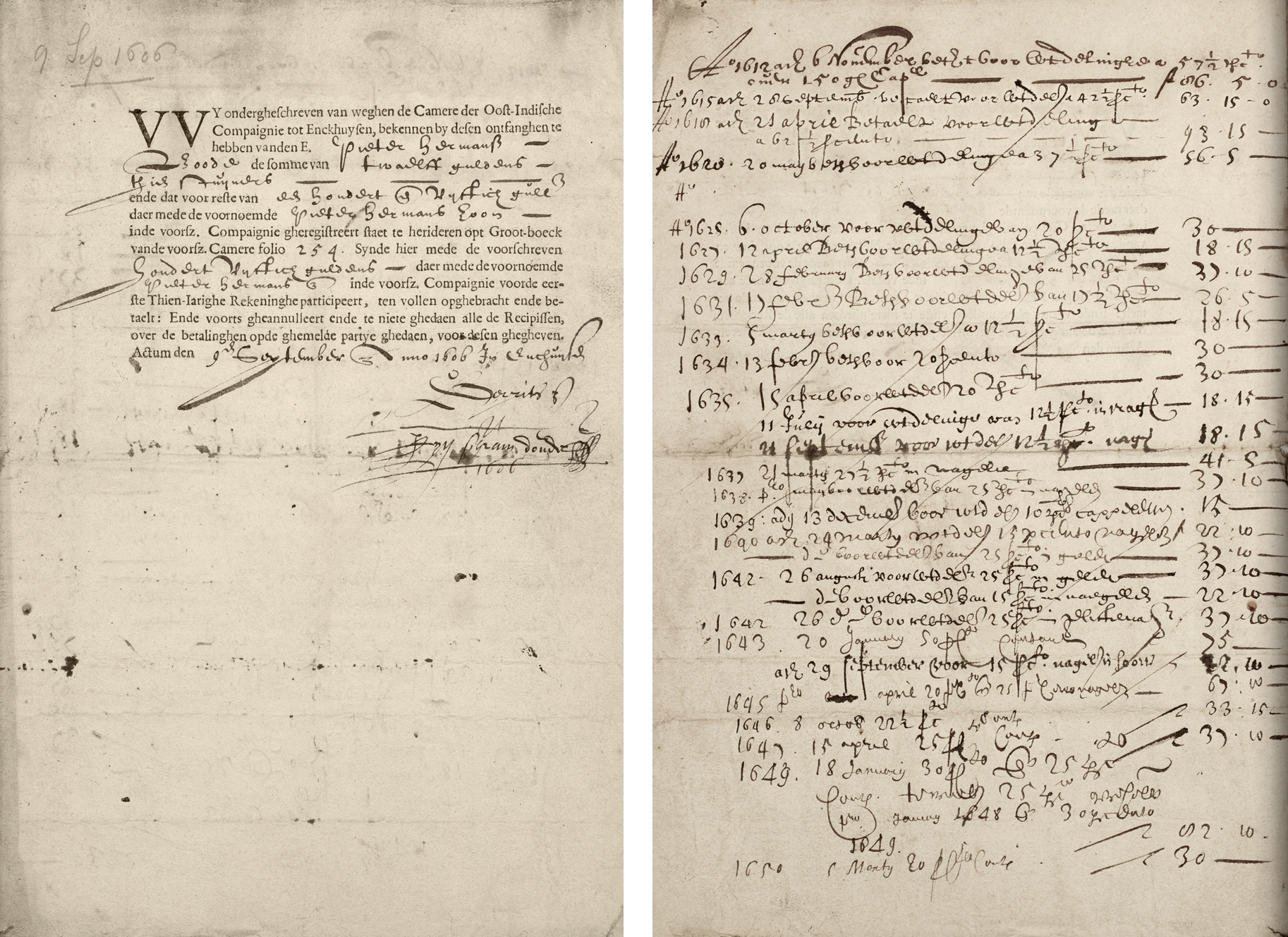 A 1606 share certificate from the Dutch East India Company. Historically, common stock was represented by physical certificates that served as legal proof of an investor's equity ownership in the enterprise.