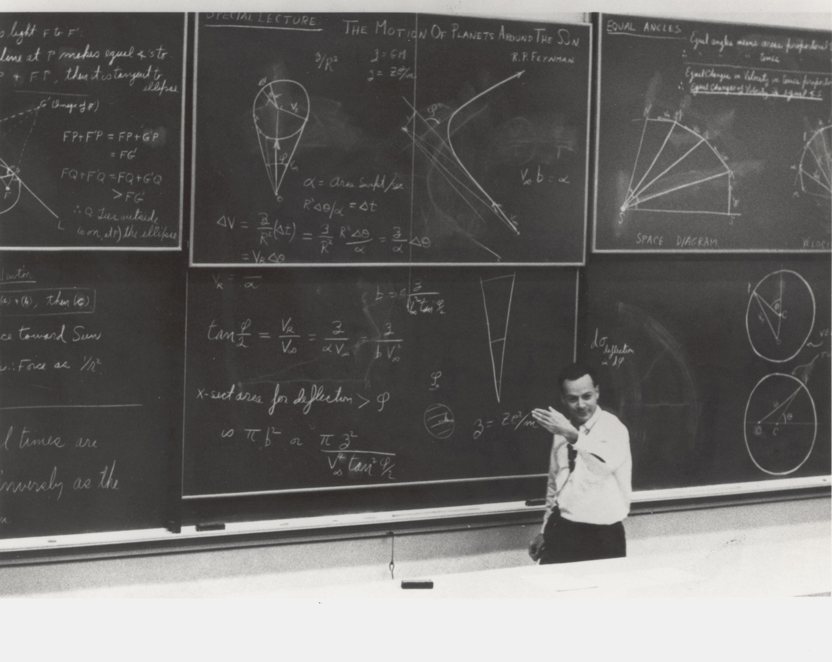 Physicist Richard Feynman lecturing in 1964. Feynman championed rigorous evaluation of evidence, warning against the use of absolute language when describing a nuanced, complex universe.