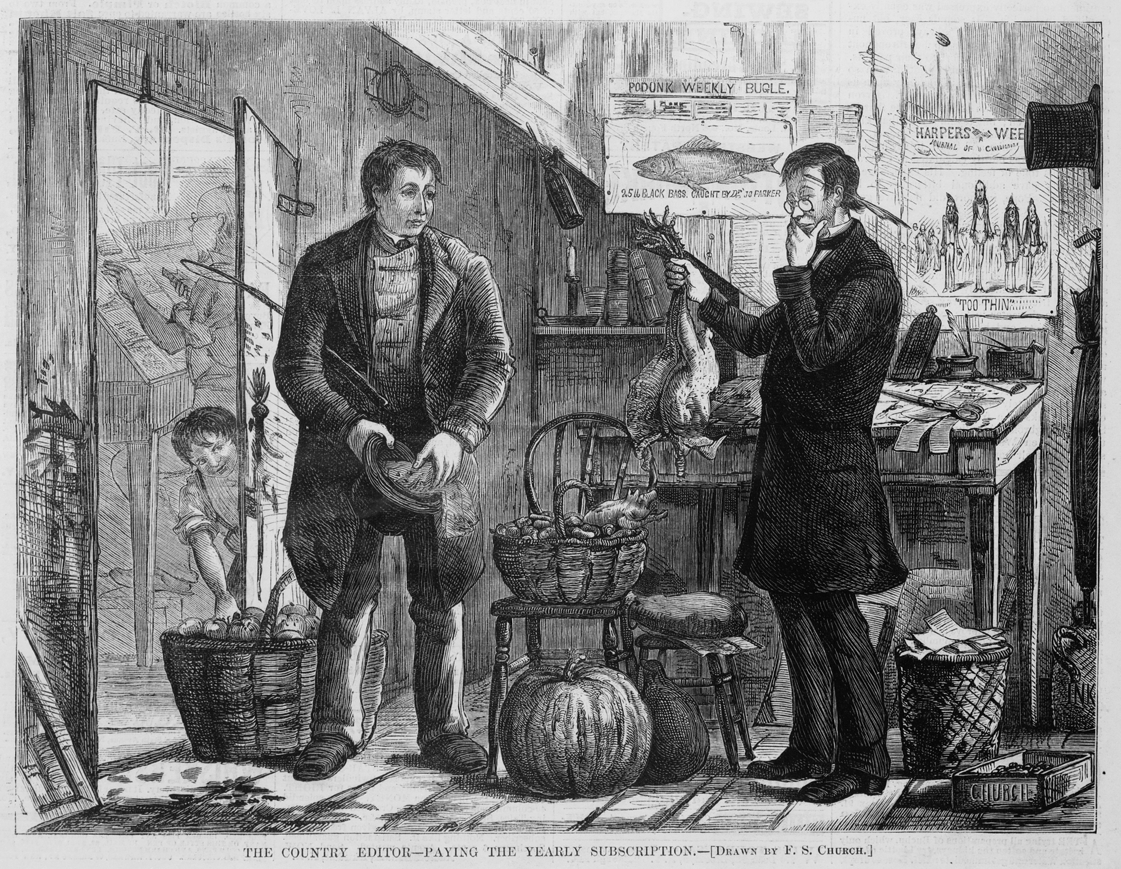 An 1874 illustration depicting a man attempting to barter farm goods for a newspaper subscription. Money serves as a medium of exchange to eliminate the massive logistical inefficiencies of such barter systems.