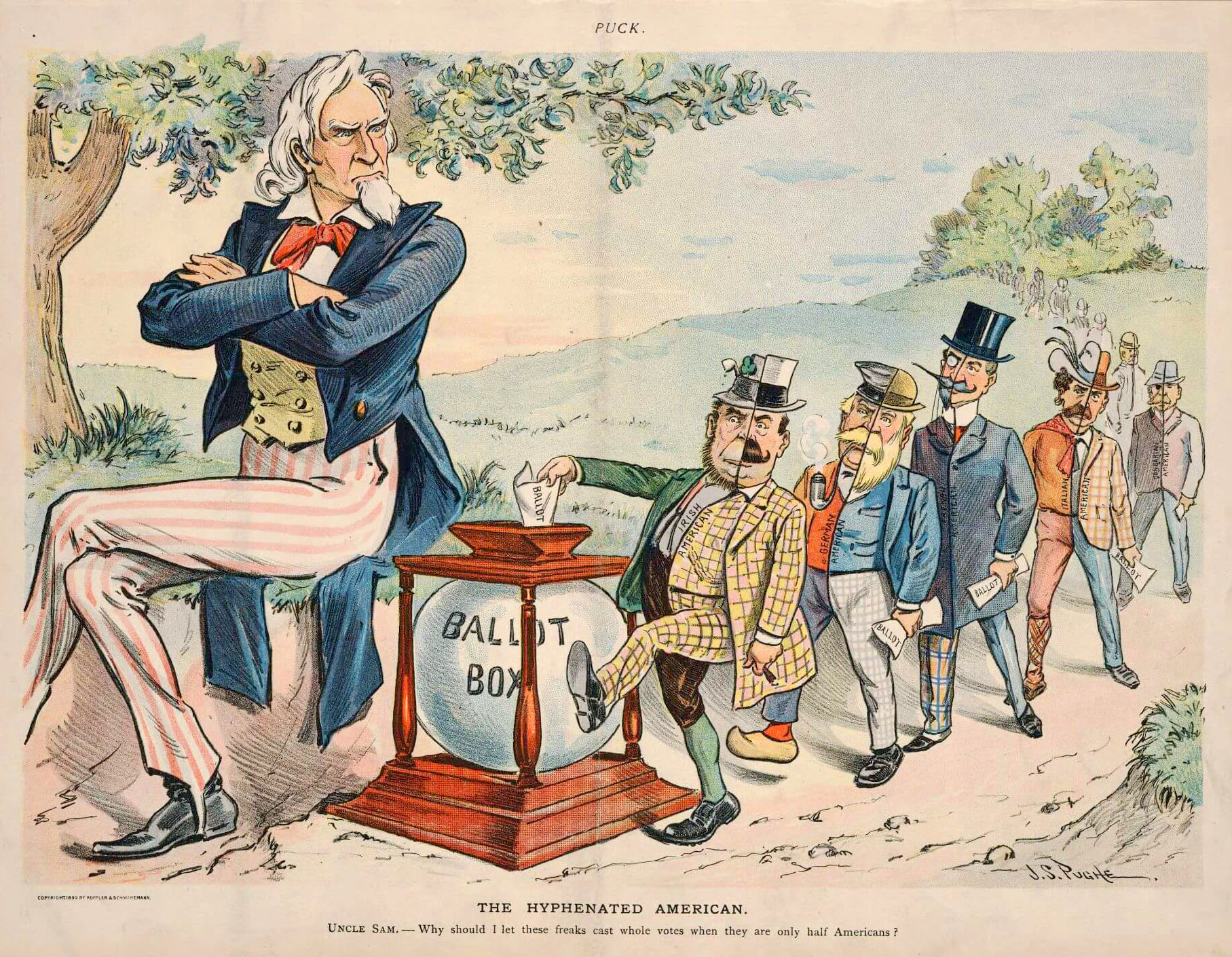 An 1899 political cartoon depicting "Uncle Sam" expressing nativist frustration with "hyphenated Americans," reflecting the widespread prejudice facing the New Immigration wave.