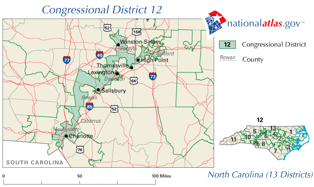 A map of North Carolina's bizarrely shaped 12th Congressional District. In Shaw v. Reno (1993), the Supreme Court ruled that districts drawn predominantly based on race are subject to strict scrutiny under the Equal Protection Clause.