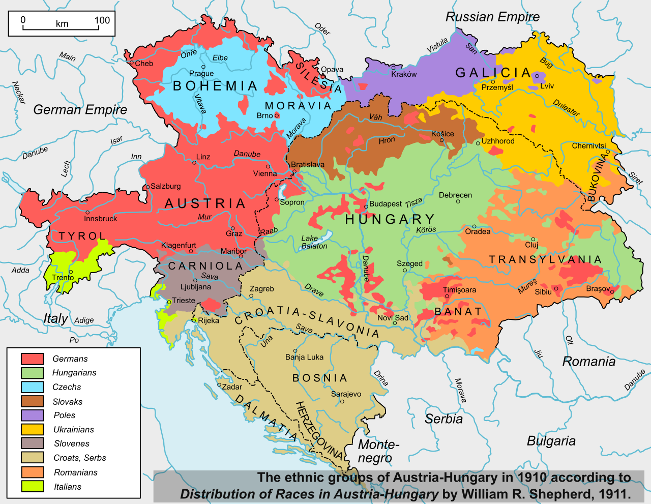 An ethno-linguistic map of Austria-Hungary in 1910, illustrating the complex multi-ethnic makeup that made the empire highly vulnerable to rising nationalist movements.