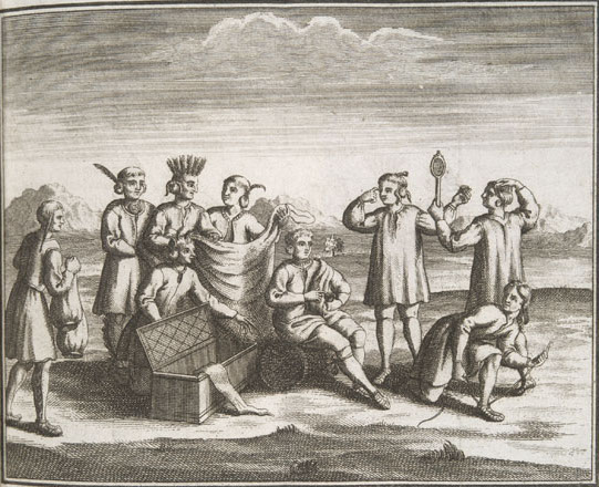 An engraving showing Indigenous peoples engaging in the fur trade with European merchants, exchanging pelts for manufactured goods and firearms.