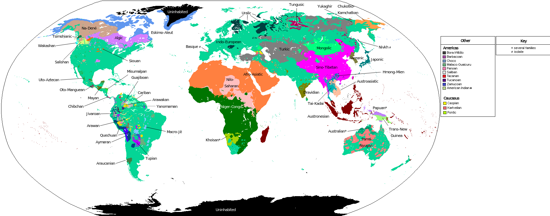 A map illustrating the geographic distribution of the world's primary language families, highlighting the vast spatial reach of the Indo-European and Sino-Tibetan groups.