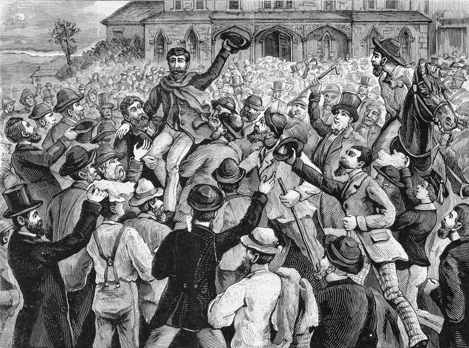 A crowd celebrates an acquittal — the outcome when a self-defence plea succeeds, because the prosecution has failed to disprove it beyond reasonable doubt.