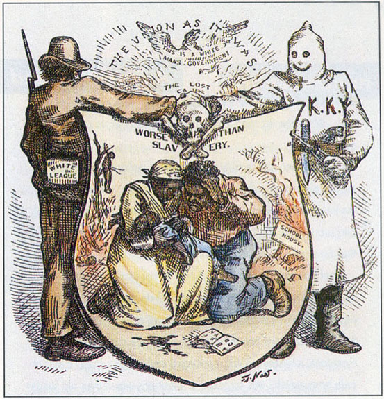 Thomas Nast's 1874 cartoon "Worse Than Slavery" illustrates the brutal terror campaigns waged by the Ku Klux Klan and White League against African Americans and Republican supporters in the South.