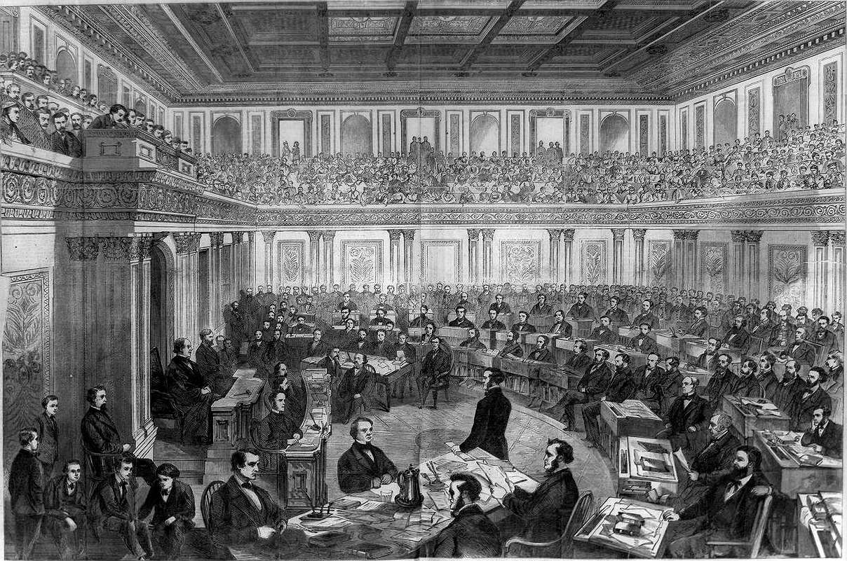 The 1868 impeachment trial of President Andrew Johnson visualizes a core mechanism of checks and balances: the House holds the power to impeach, but only the Senate can convict and remove.