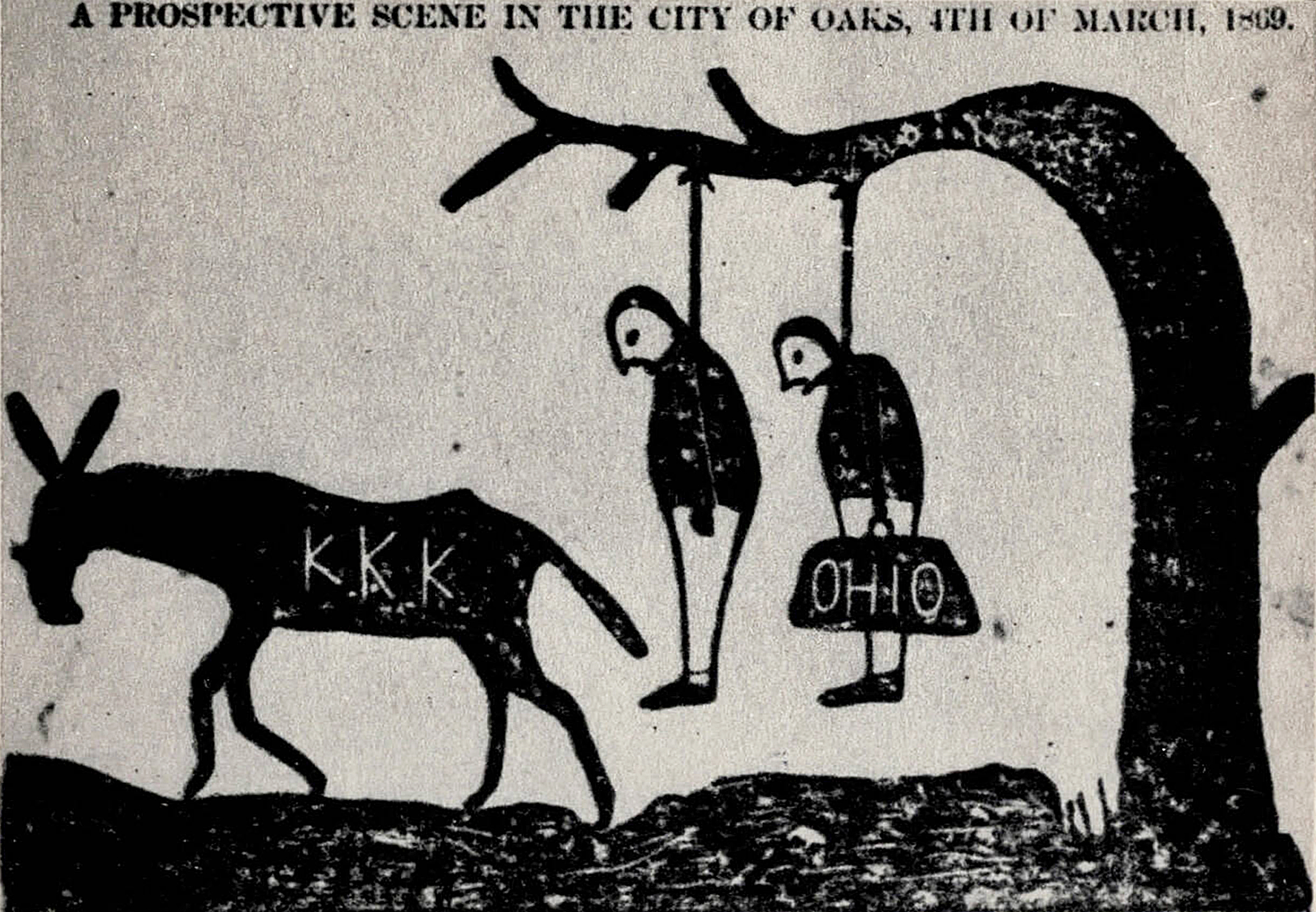 An 1868 political cartoon threatening violence against "carpetbaggers" (Northerners who moved South) and "scalawags" (White Southerners who supported Reconstruction), reflecting the intense social divisions of the era.