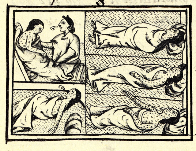 A 16th-century illustration from the Florentine Codex depicting Nahua people suffering from smallpox, representing the devastating biological impact of European contact.