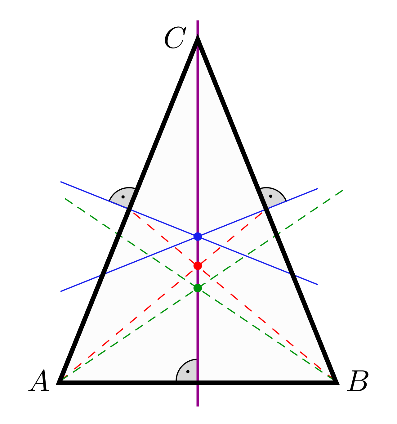 An isosceles triangle is characterized by its bilateral symmetry, split perfectly down an axis between its two equal sides and identical base angles.