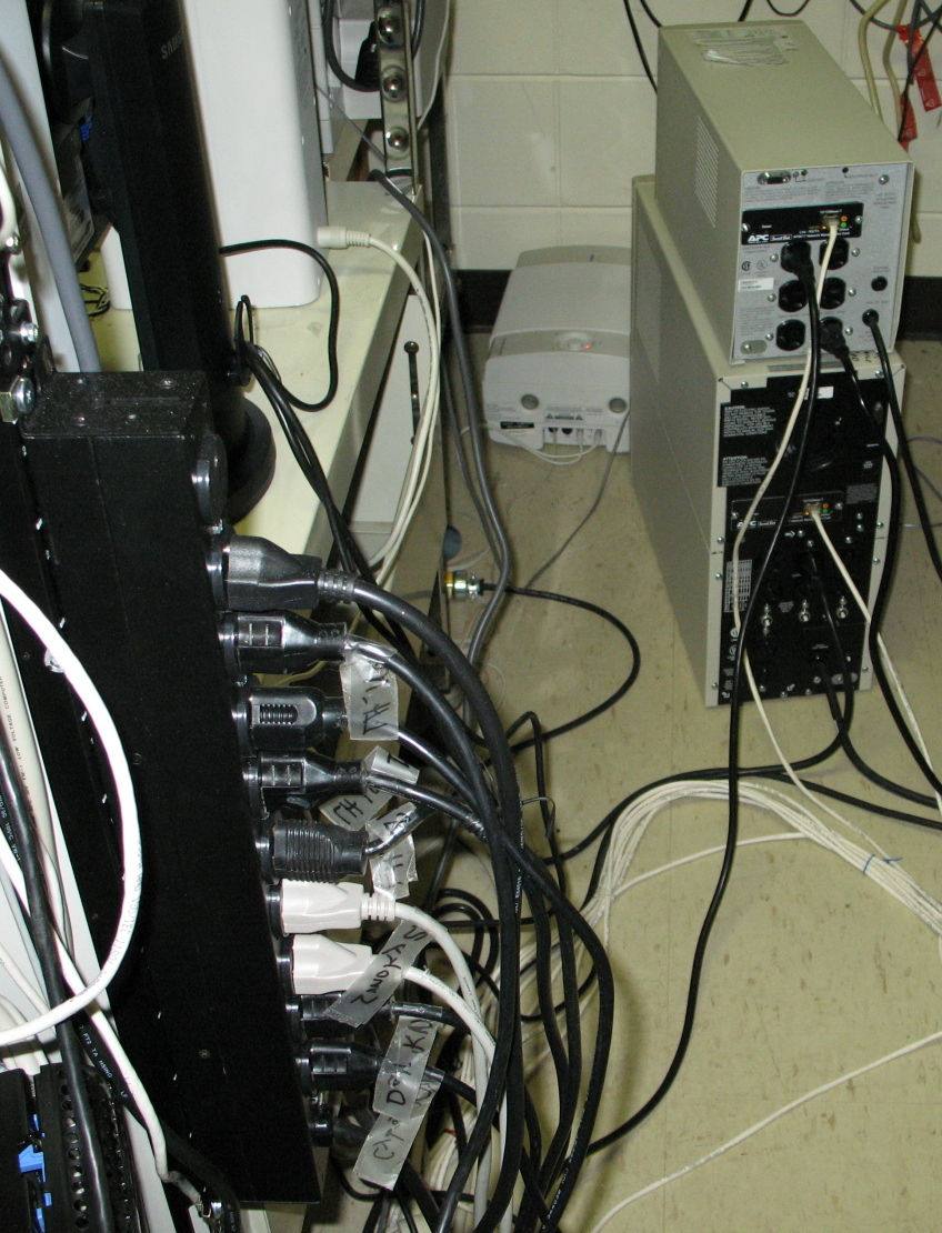 A rack-mounted Power Distribution Unit (PDU), which distributes localized power to individual servers and allows administrators to remotely cycle power to frozen devices.