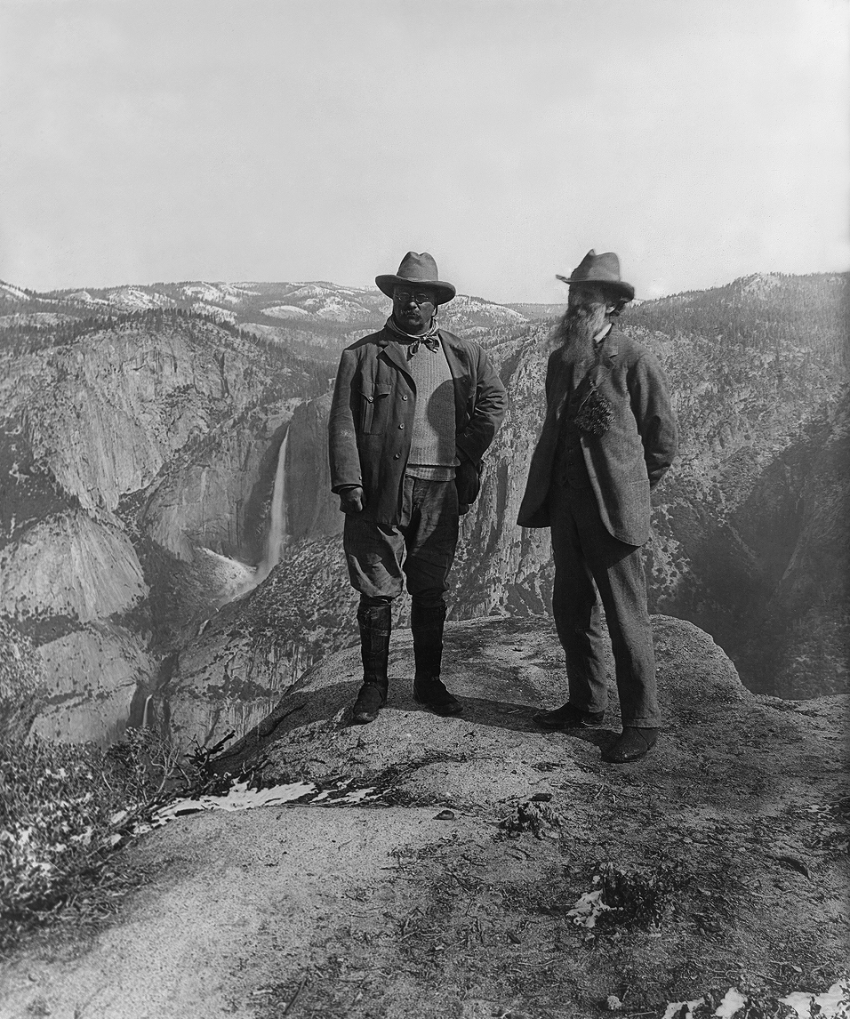 John Muir (right) with President Theodore Roosevelt in Yosemite. Muir championed the preservation of pristine wilderness, contrasting with the sustainable use approach of conservationists like Gifford Pinchot.