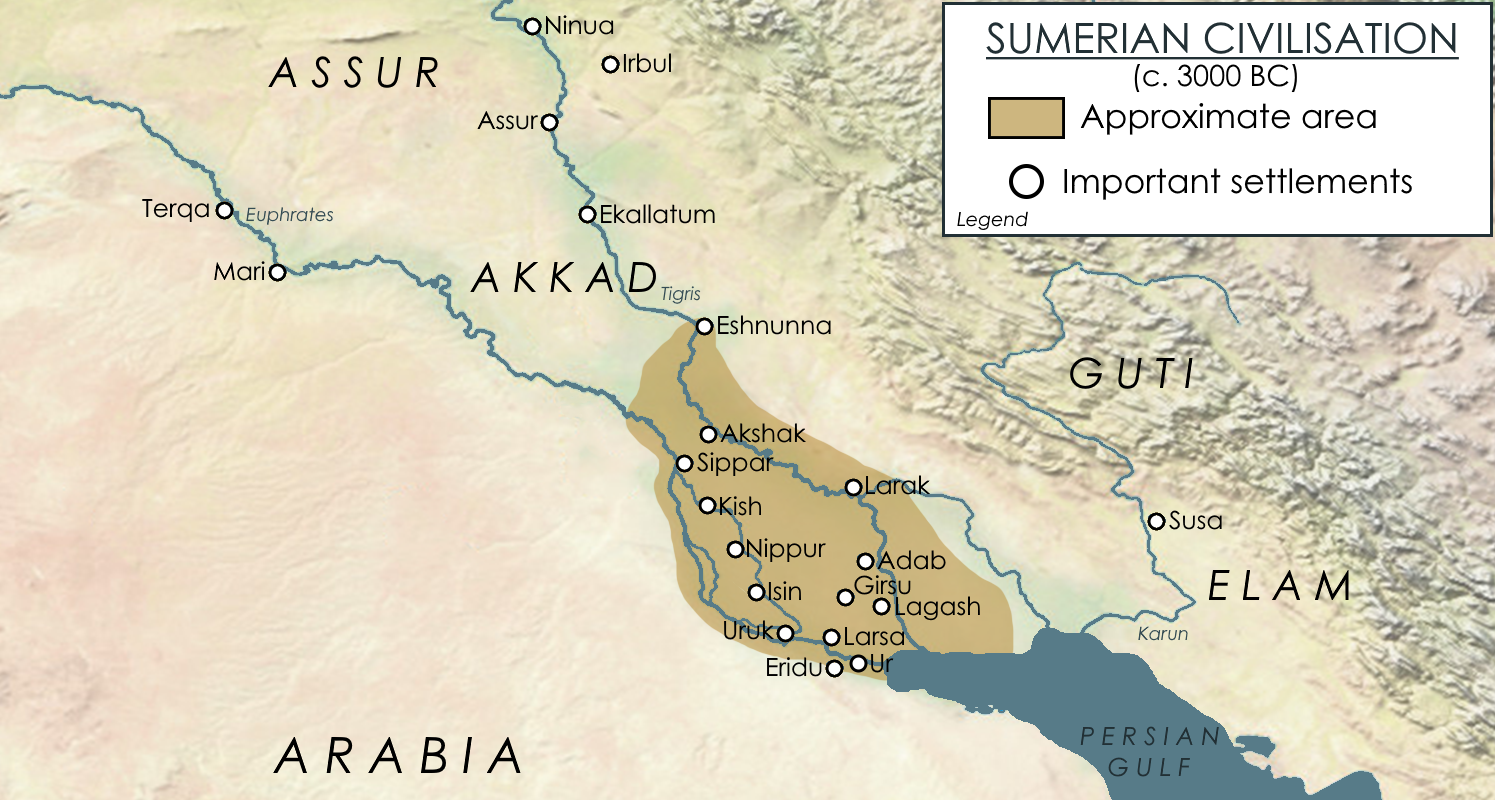 A map of ancient Sumeria demonstrating how early human civilizations were predominantly established along the floodplains of major rivers like the Tigris and Euphrates for access to necessary fresh water.