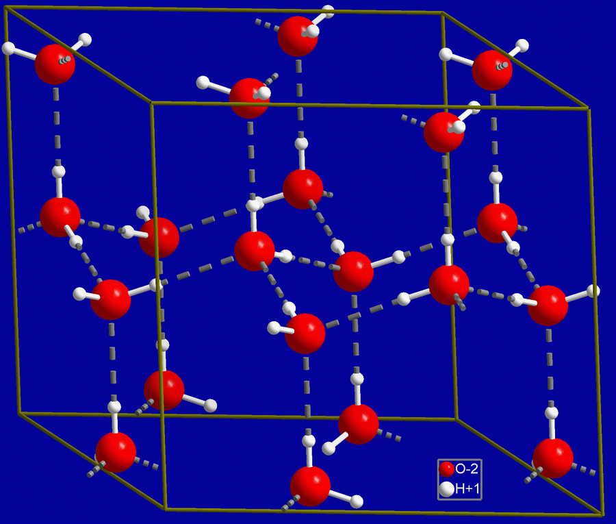The crystal structure of solid hexagonal ice. Hydrogen bonds lock the water molecules into a rigid, spaced-out lattice, making the solid phase uniquely less dense than liquid water.