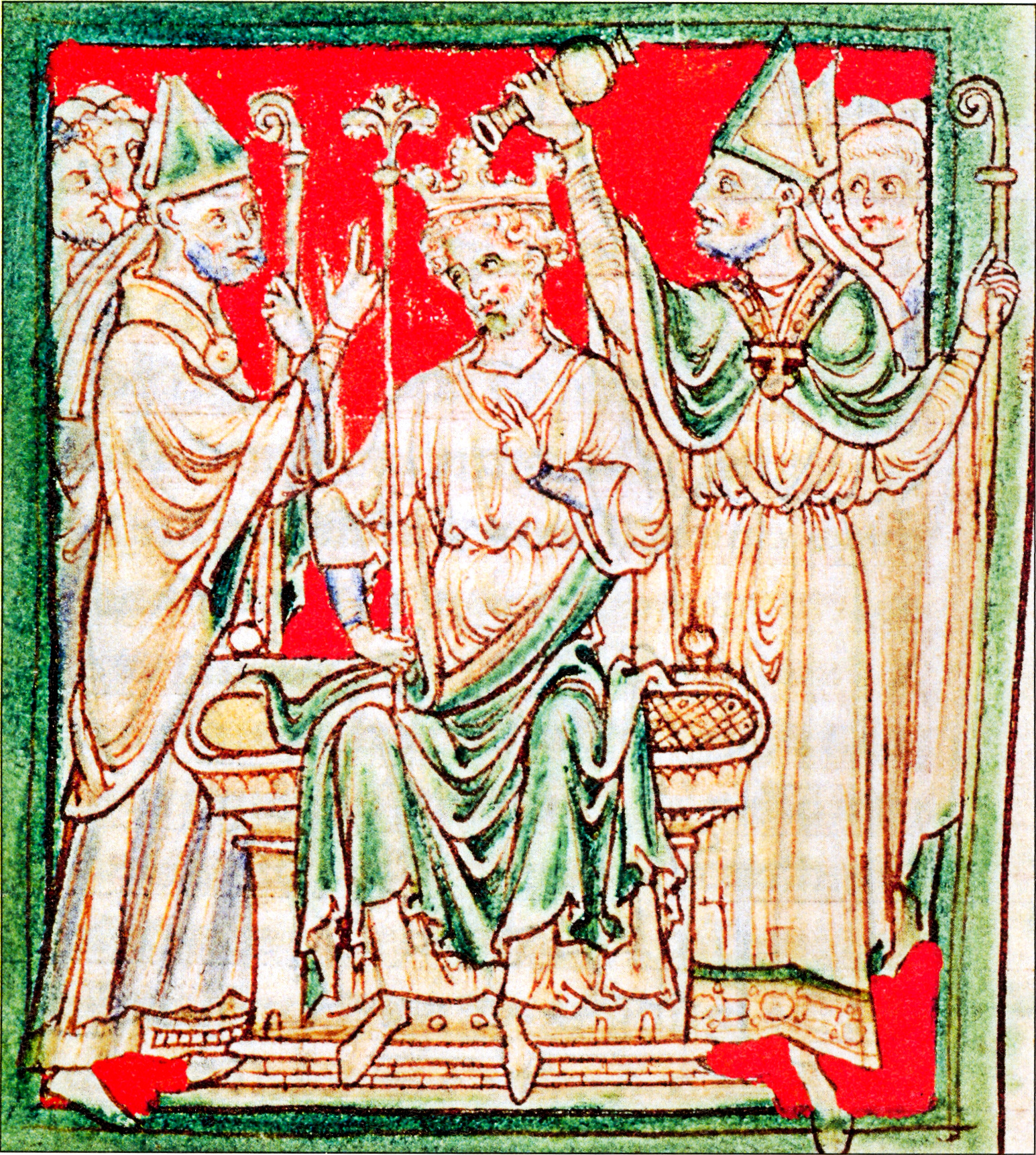 Richard I's coronation in 1189, from a 13th-century chronicle — the year fixed in English law as the start of "time immemorial", the easily-rebutted starting point common law prescription presumes use has continued since.