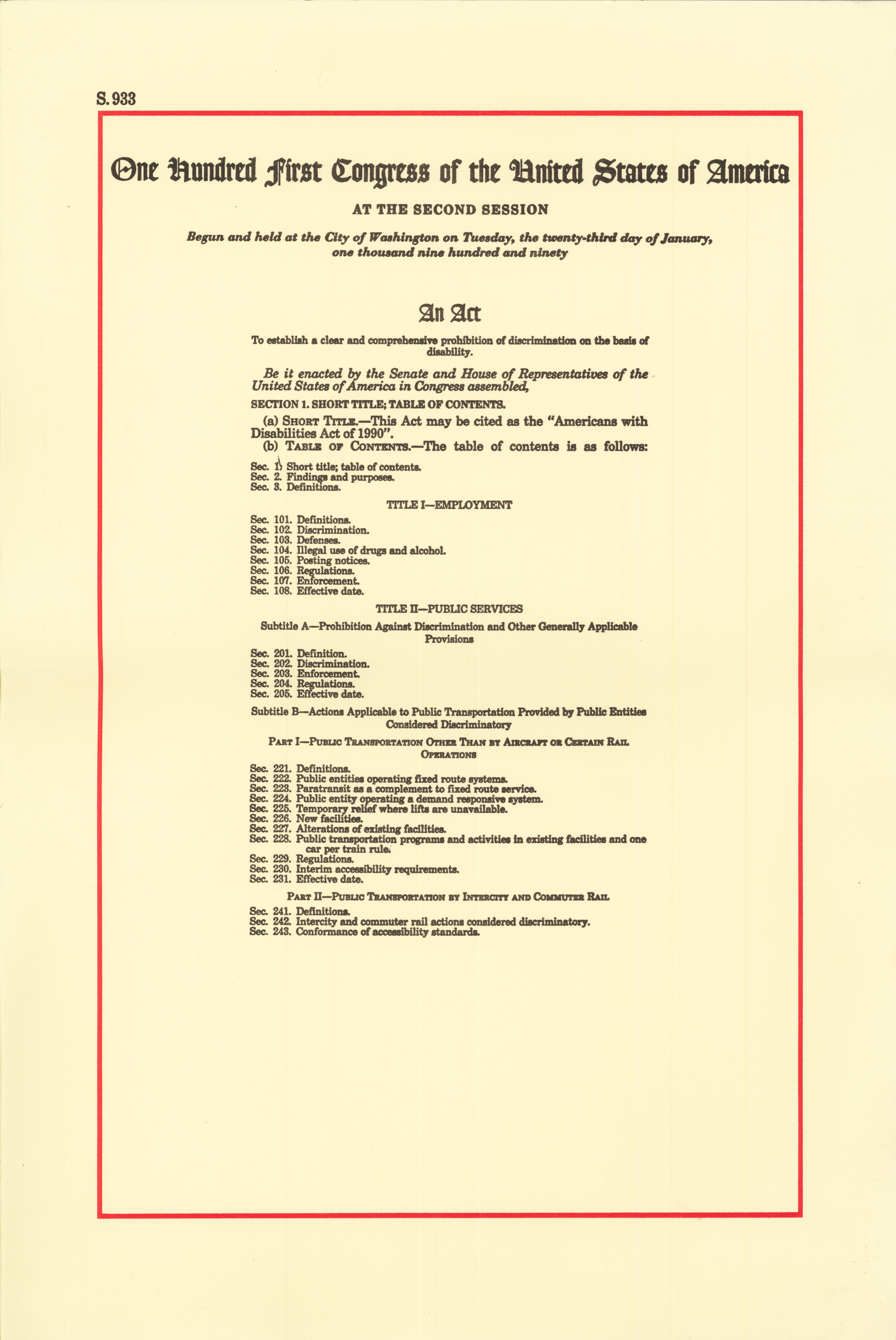 The first page of the Americans with Disabilities Act of 1990. Commercial property managers bear an ongoing legal and ethical obligation to ensure their physical environments comply with these mandatory accessibility standards.