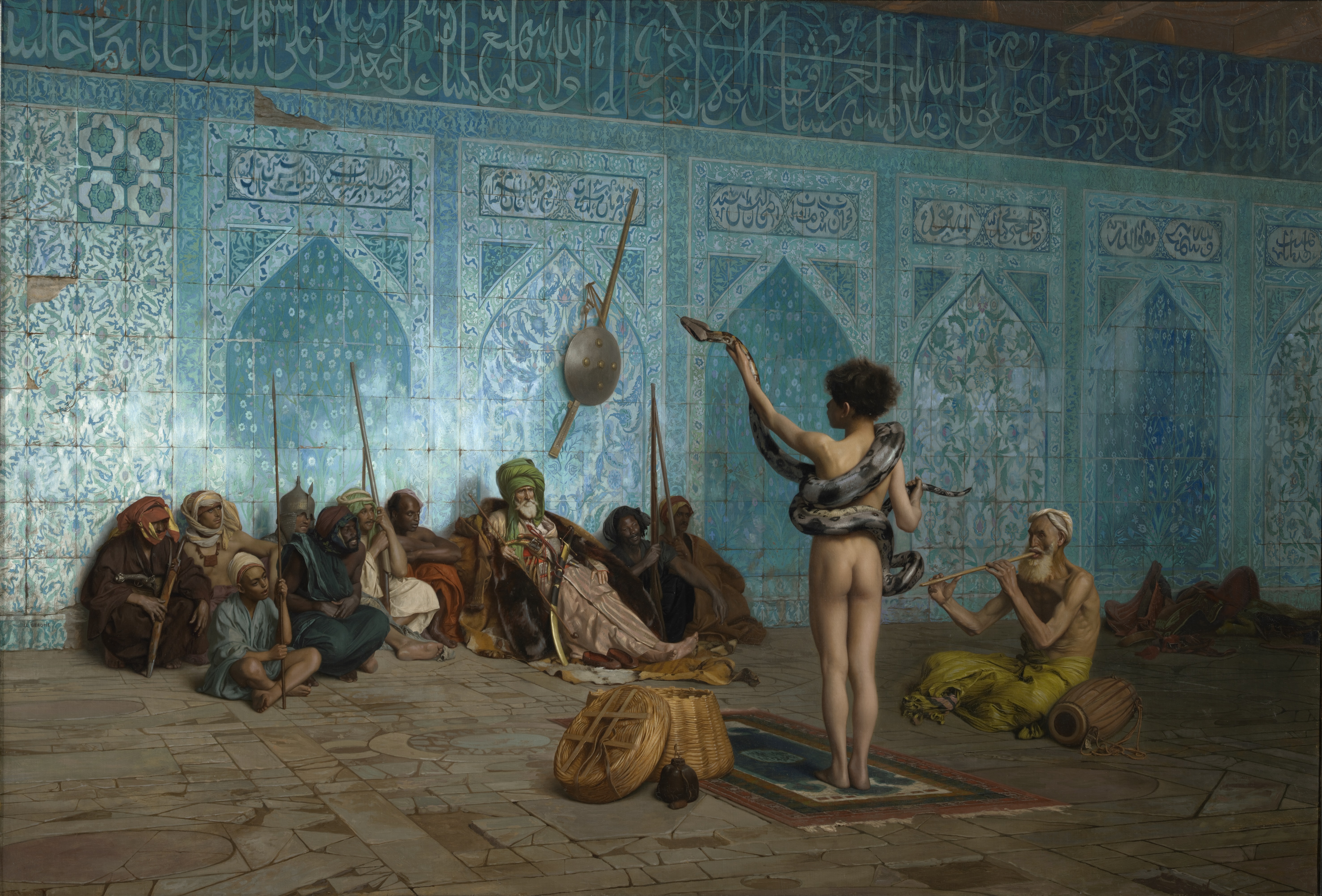 Jean-Léon Gérôme's "The Snake Charmer" exemplifies the Western stereotyping of Eastern cultures as exotic and primitive—a cultural myth Edward Said famously deconstructed as "Orientalism."