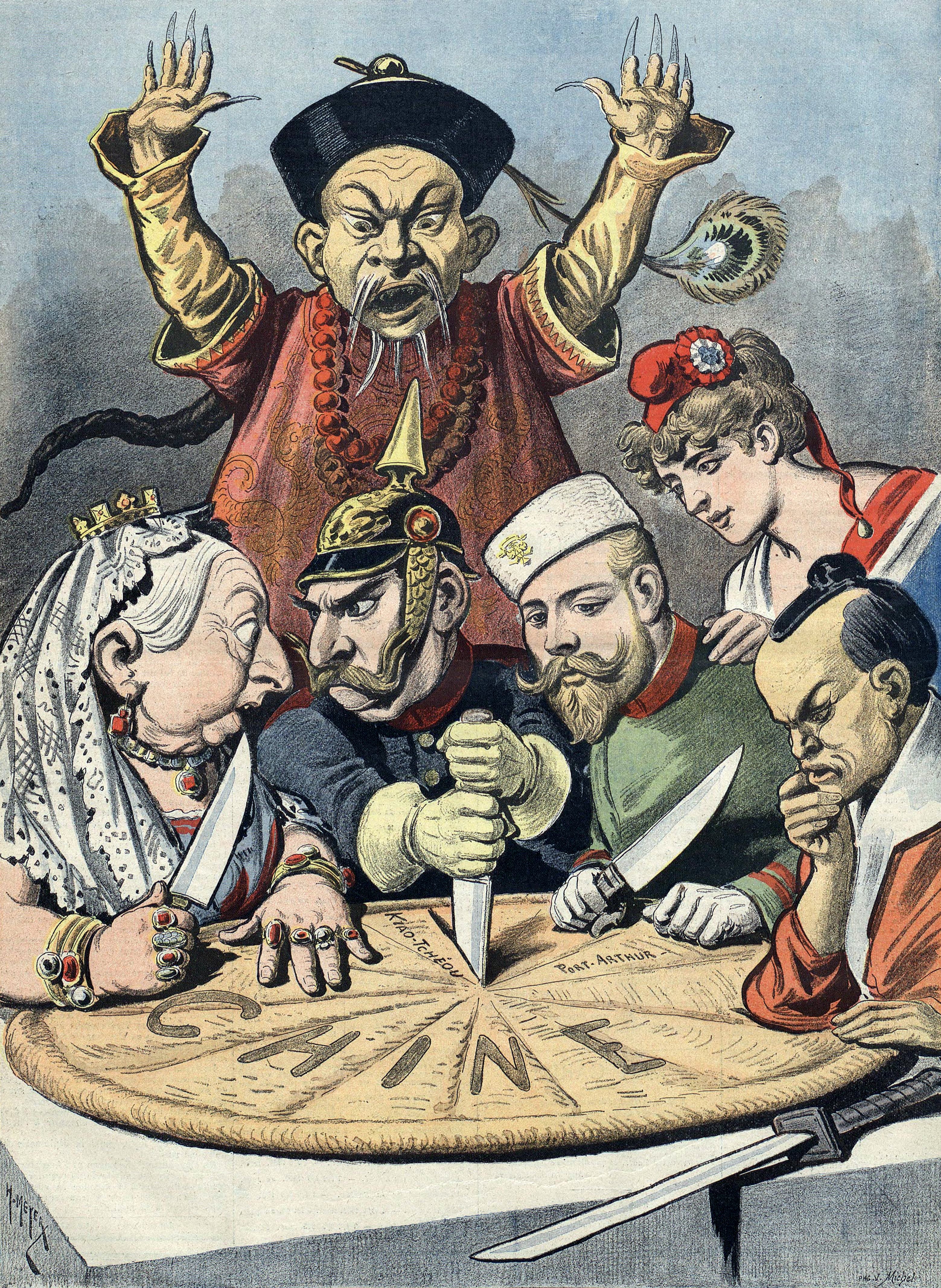 A French political cartoon from 1898 depicting European powers and Japan carving up China into exclusive spheres of influence.