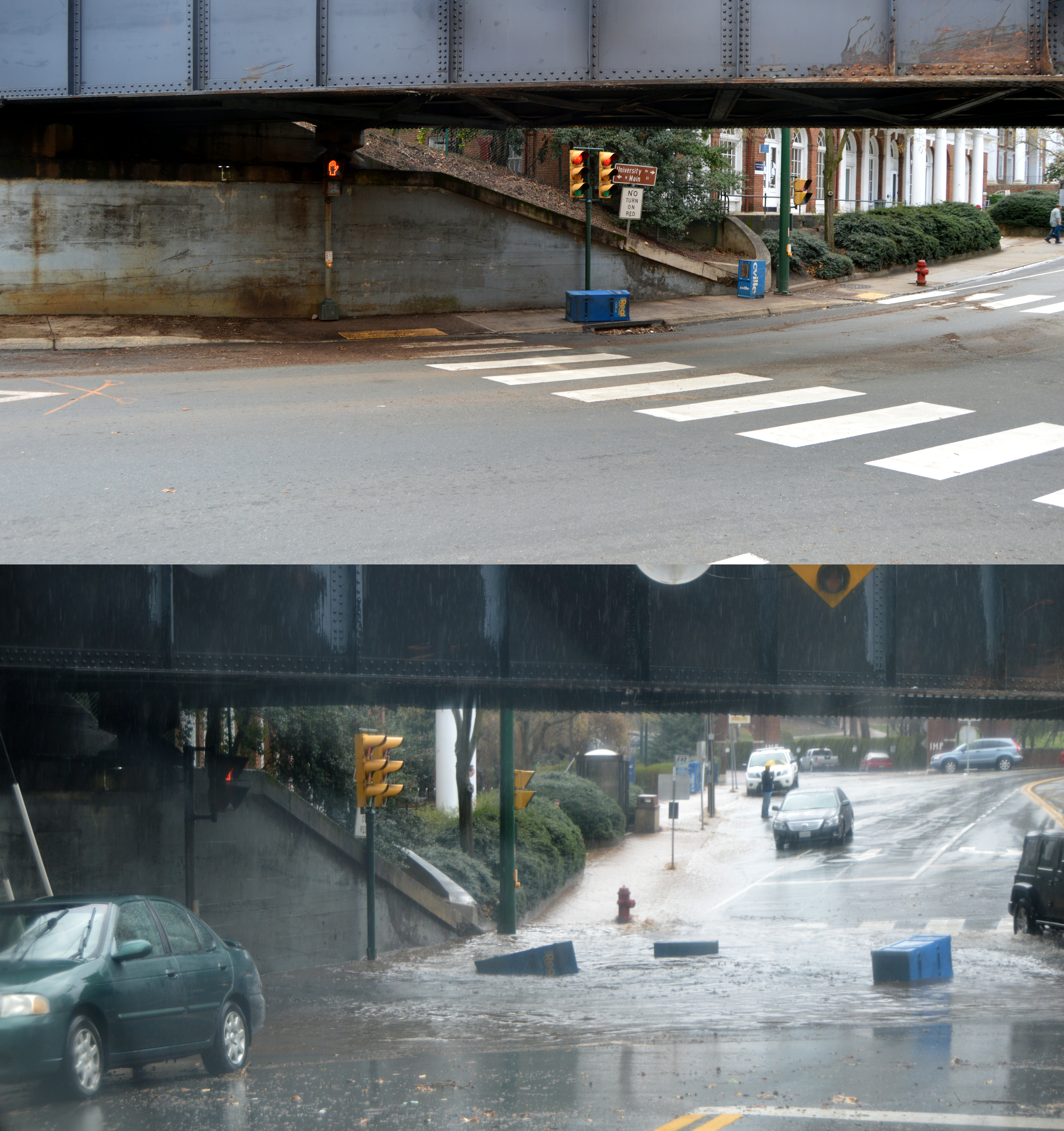 A flash flood demonstrates the acute, intense, and time-limited nature of a crisis. Like a suddenly flooded roadway, the psychological system is temporarily overwhelmed by external forces before eventually settling back into a manageable baseline state.