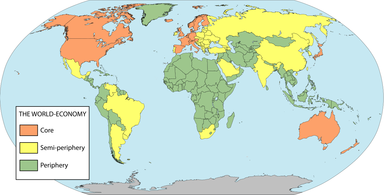 A map applying Wallerstein's World Systems Theory, categorizing modern global economies into core, semi-periphery, and periphery classifications.
