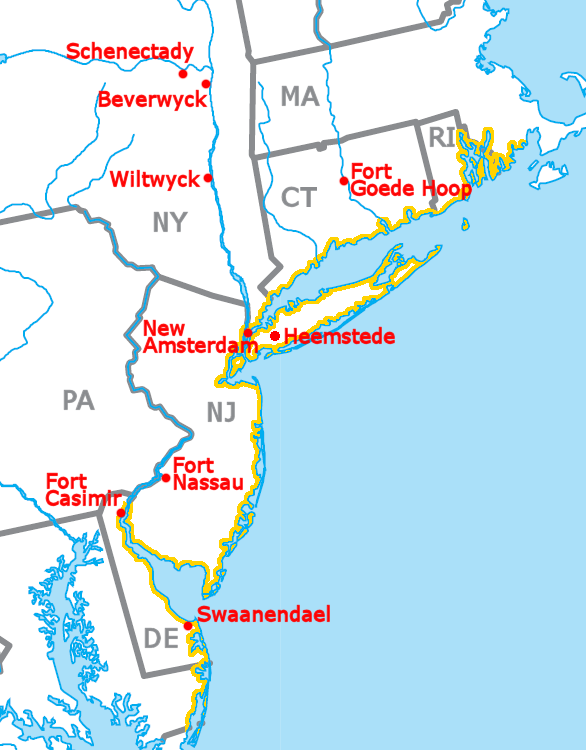 Map of New Netherland showing the area claimed by the Dutch along the Hudson River. This colony formed a strategic geographic wedge between the English settlements of New England and the Chesapeake.