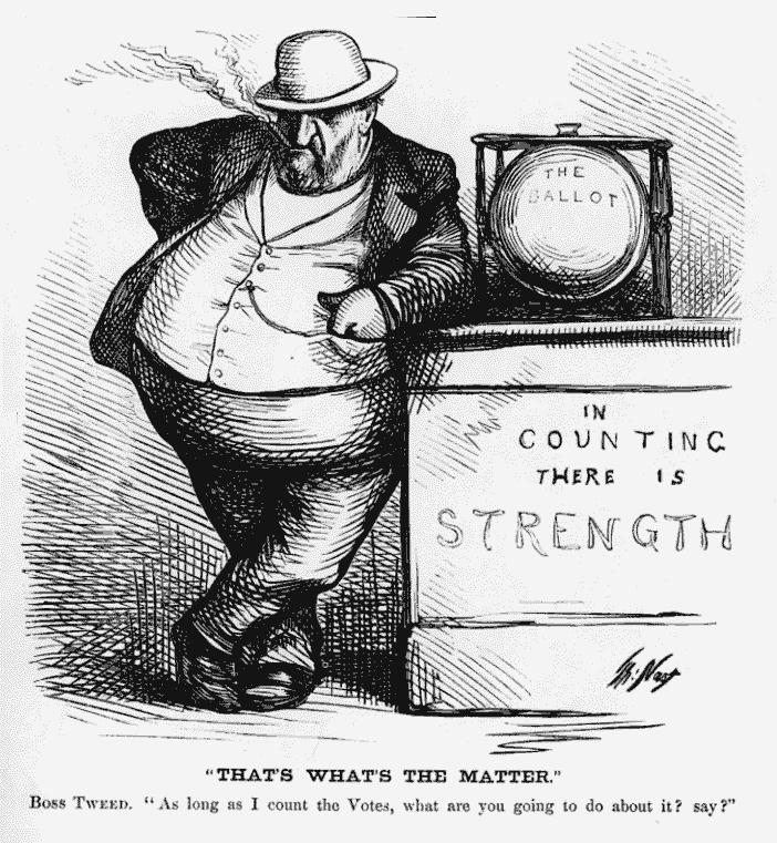 Thomas Nast's cartoon of Boss Tweed highlights the unchecked power of the political machine, famously declaring: "As long as I count the Votes, what are you going to do about it?"