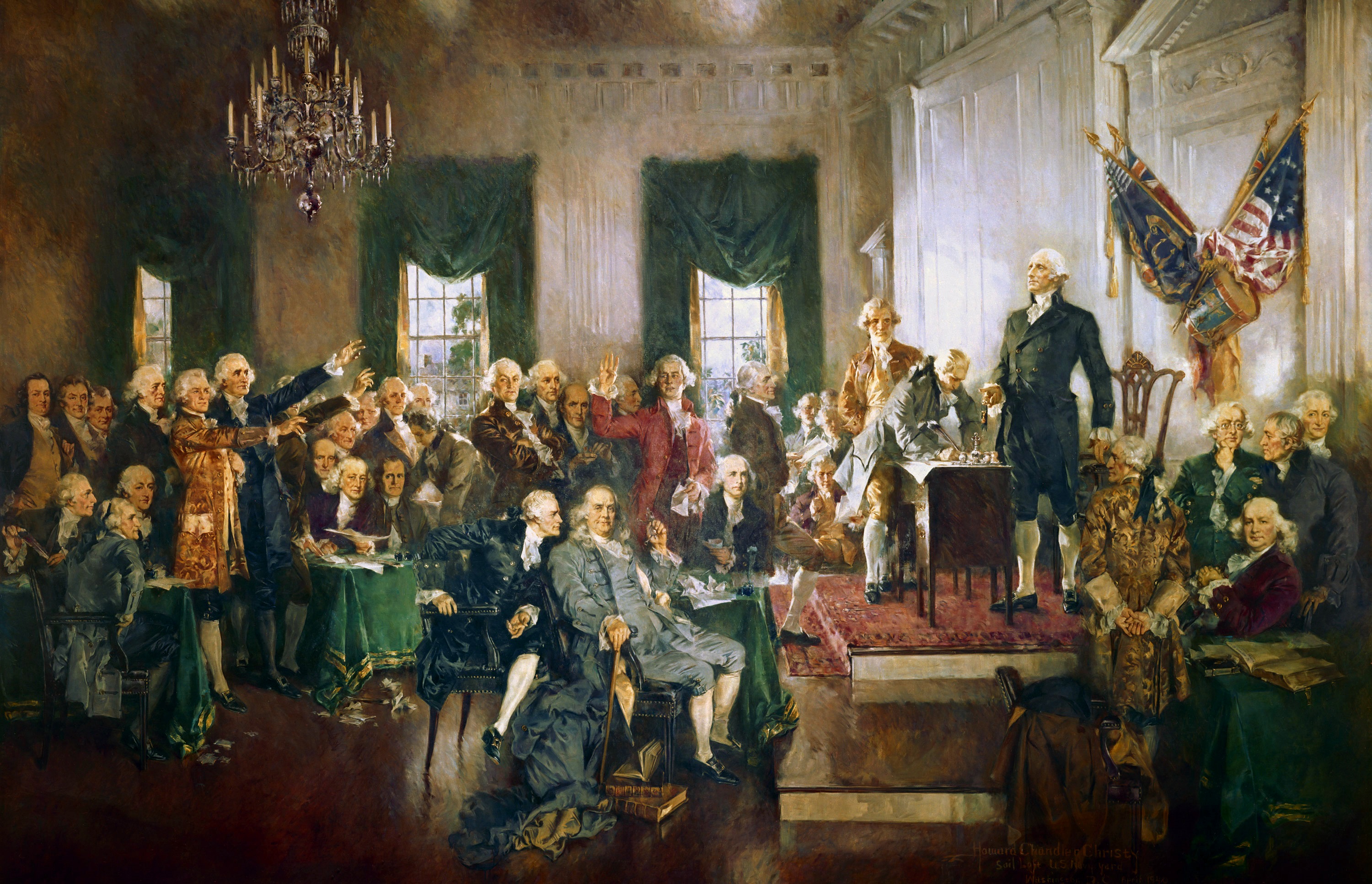 Howard Chandler Christy's 1940 painting depicting the signing of the US Constitution in Philadelphia, where delegates engineered a new framework for the national government.