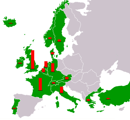 A map illustrating the relative amounts of economic aid provided to Western European nations under the Marshall Plan.