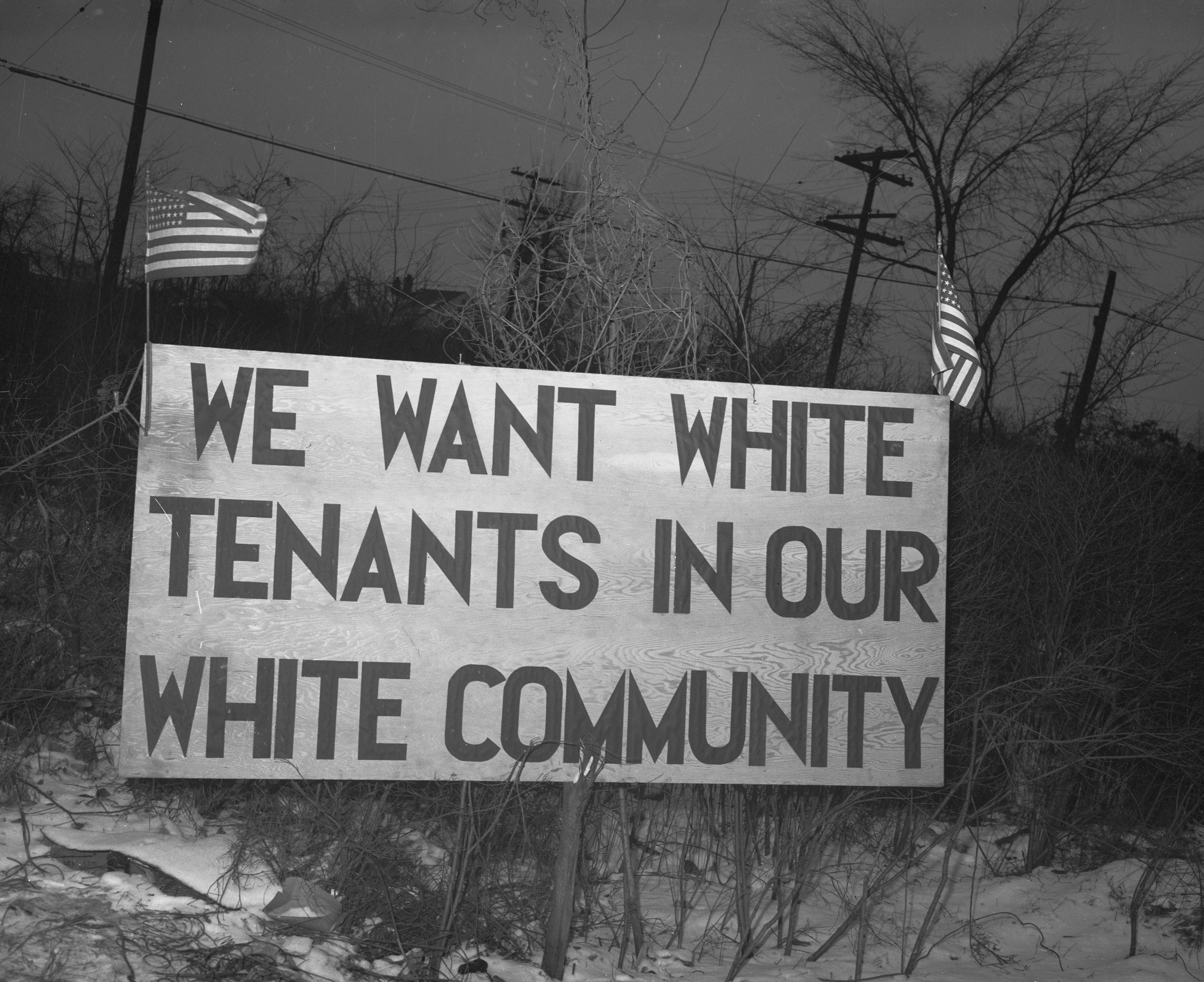 White tenants protesting the arrival of Black families in Detroit, 1942. This systemic housing discrimination forms the central conflict of Lorraine Hansberry's "A Raisin in the Sun."